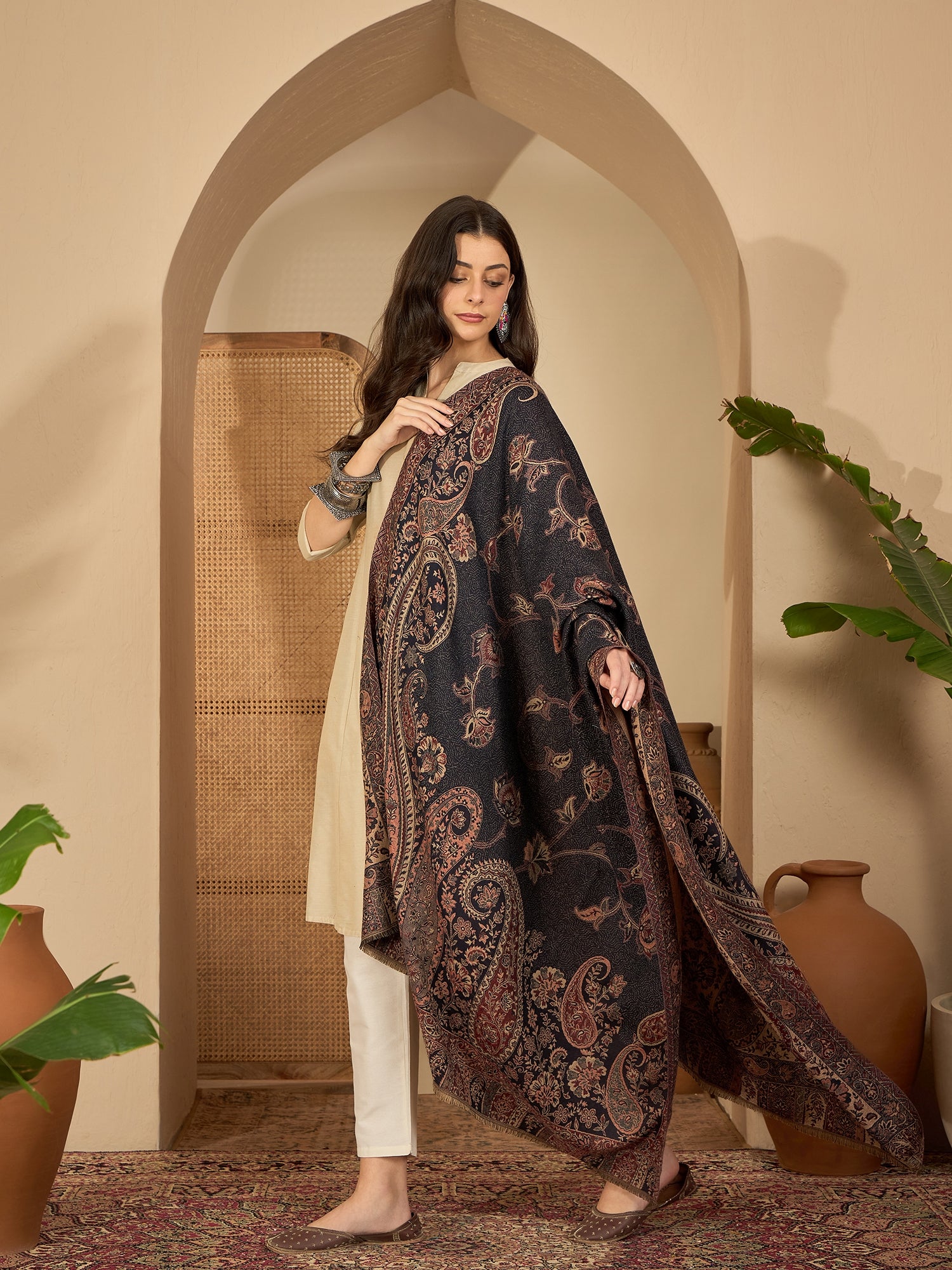 Women Black Beige Kashmiri Kaani Weave Shawl