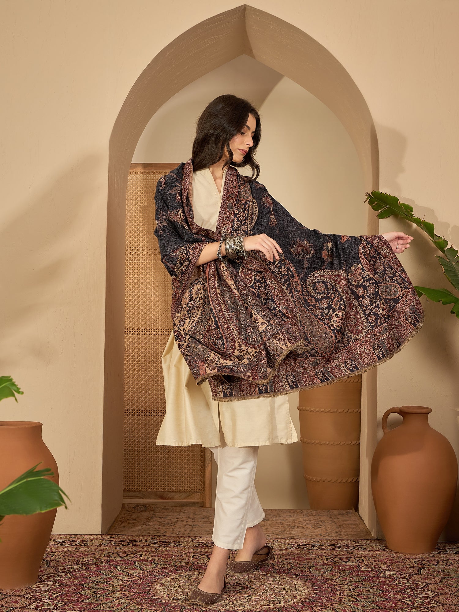Women Black Beige Kashmiri Kaani Weave Shawl