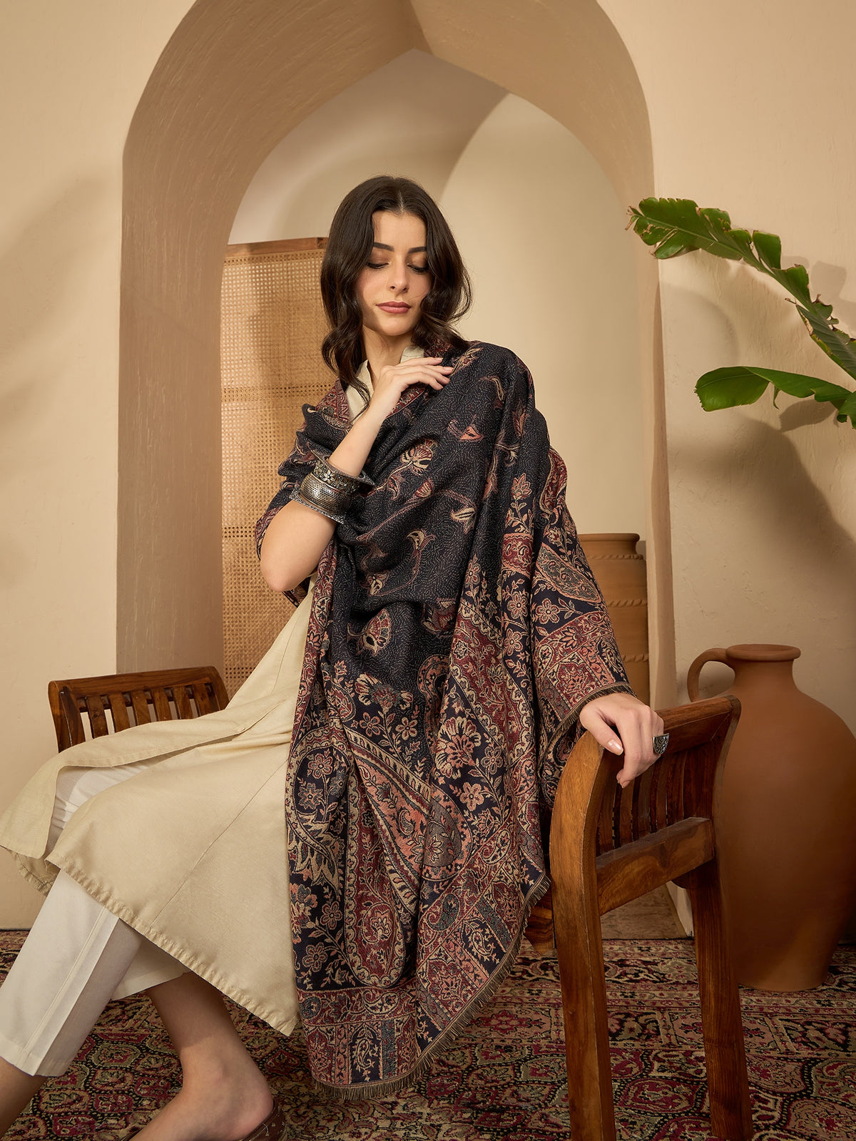 Women Black Beige Kashmiri Kaani Weave Shawl