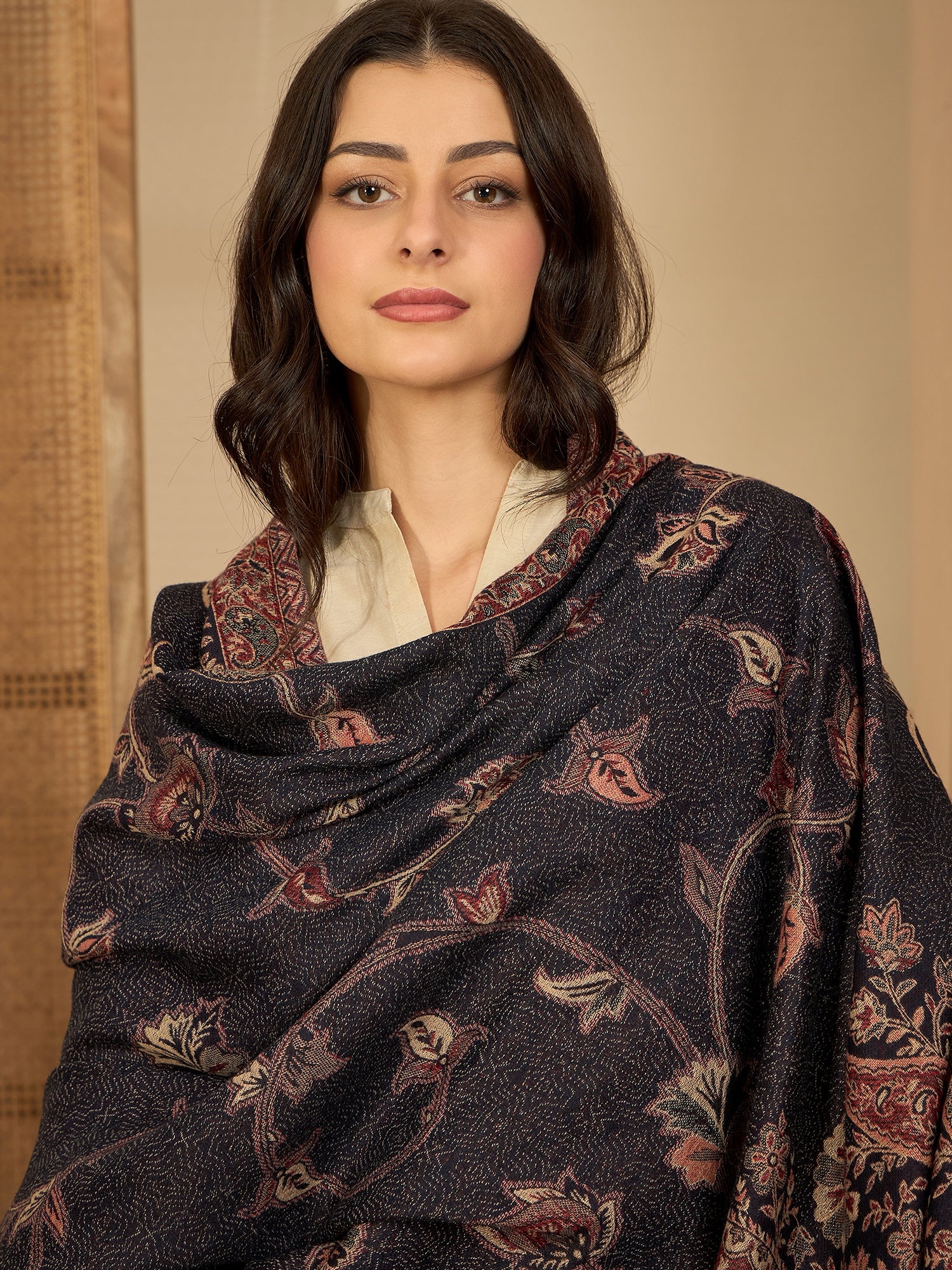 Women Black Beige Kashmiri Kaani Weave Shawl