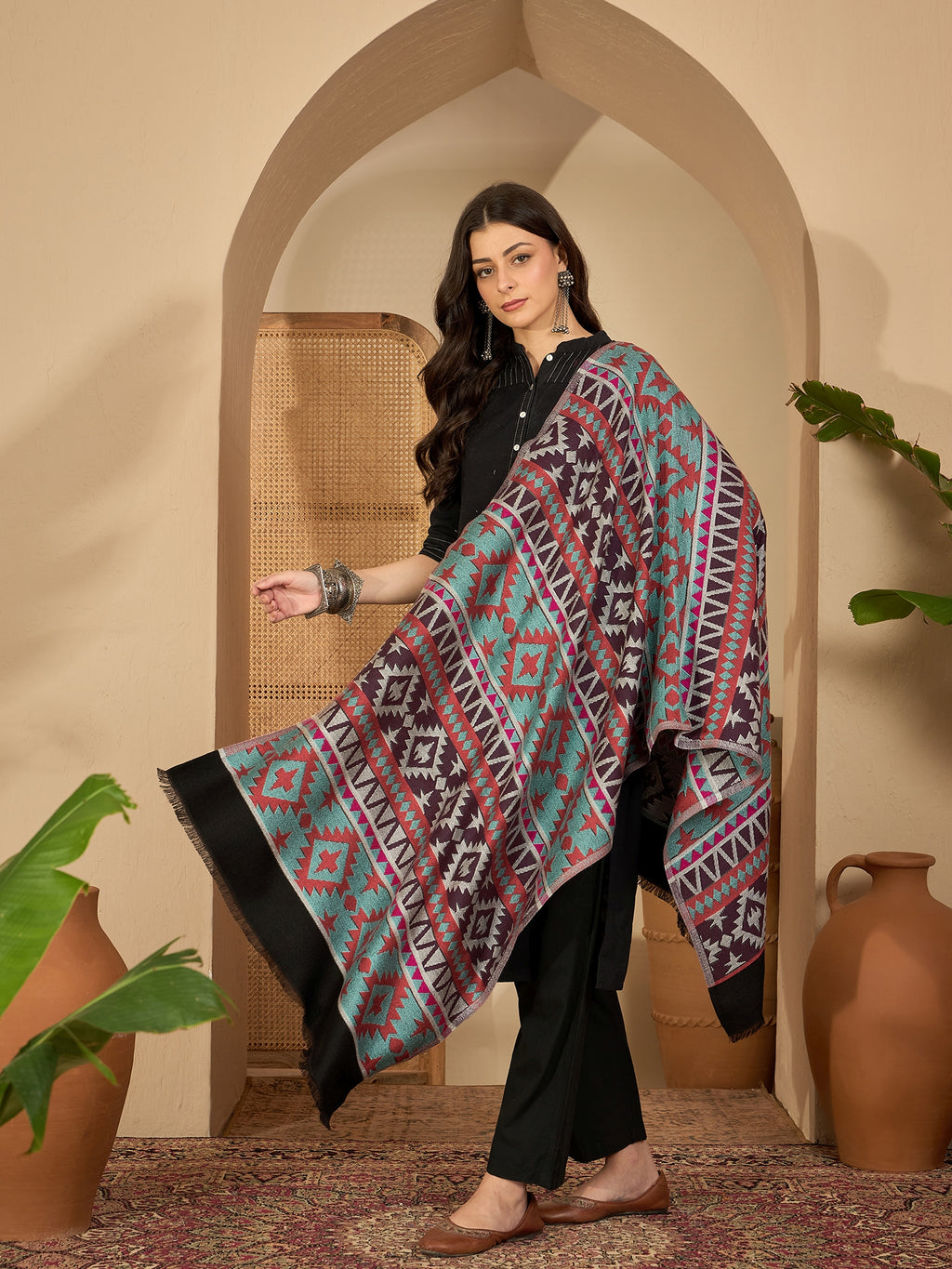 Women Multicoloured Woven Design Geometric Stole