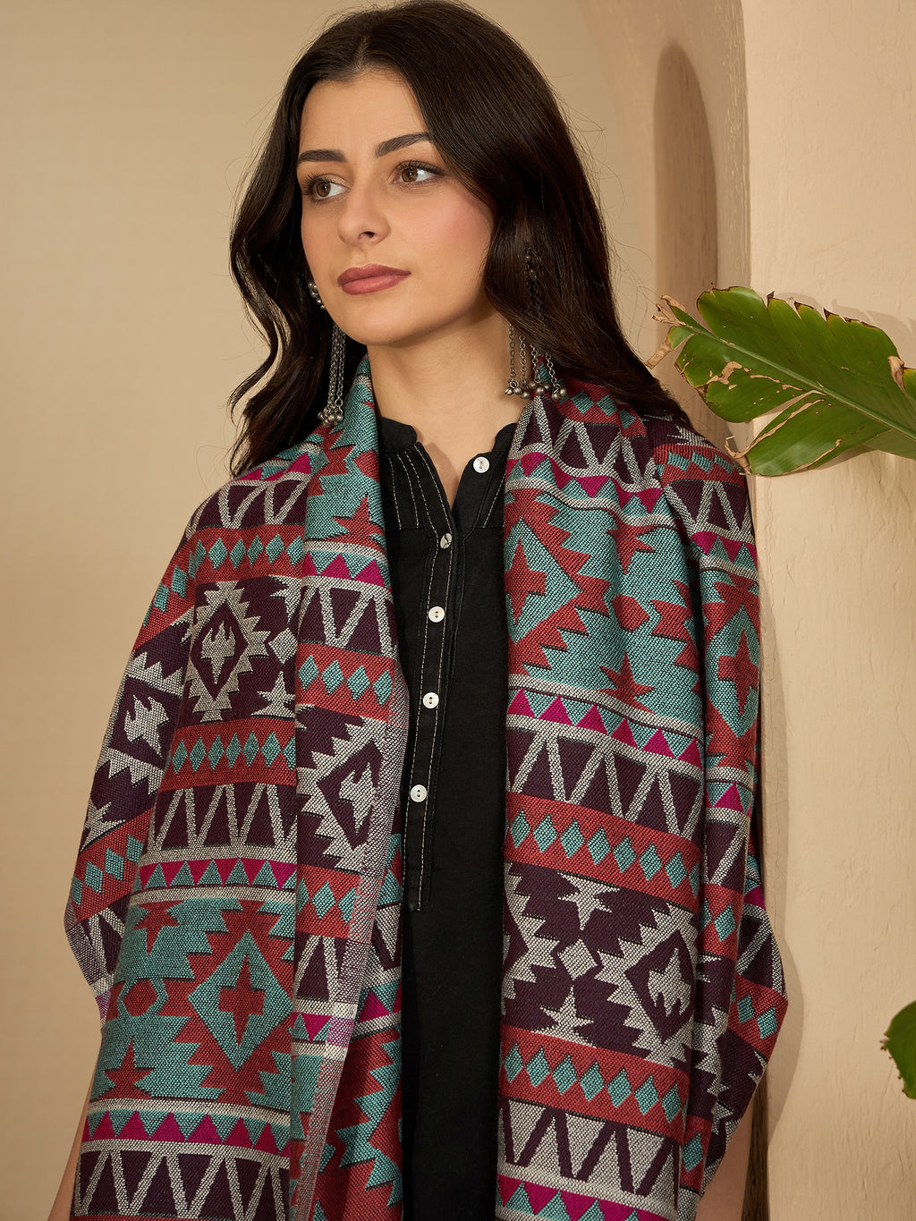 Women Multicoloured Woven Design Geometric Stole