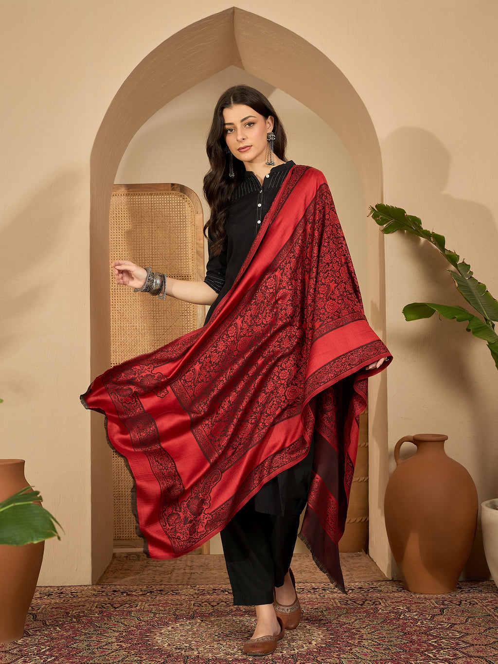 Women Red Black Kashmiri Kaani Weave Stole