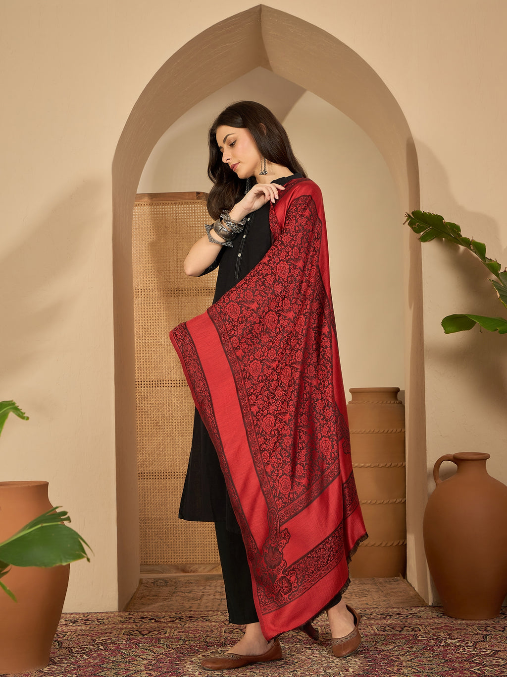 Women Red Black Kashmiri Kaani Weave Stole drapped on odel