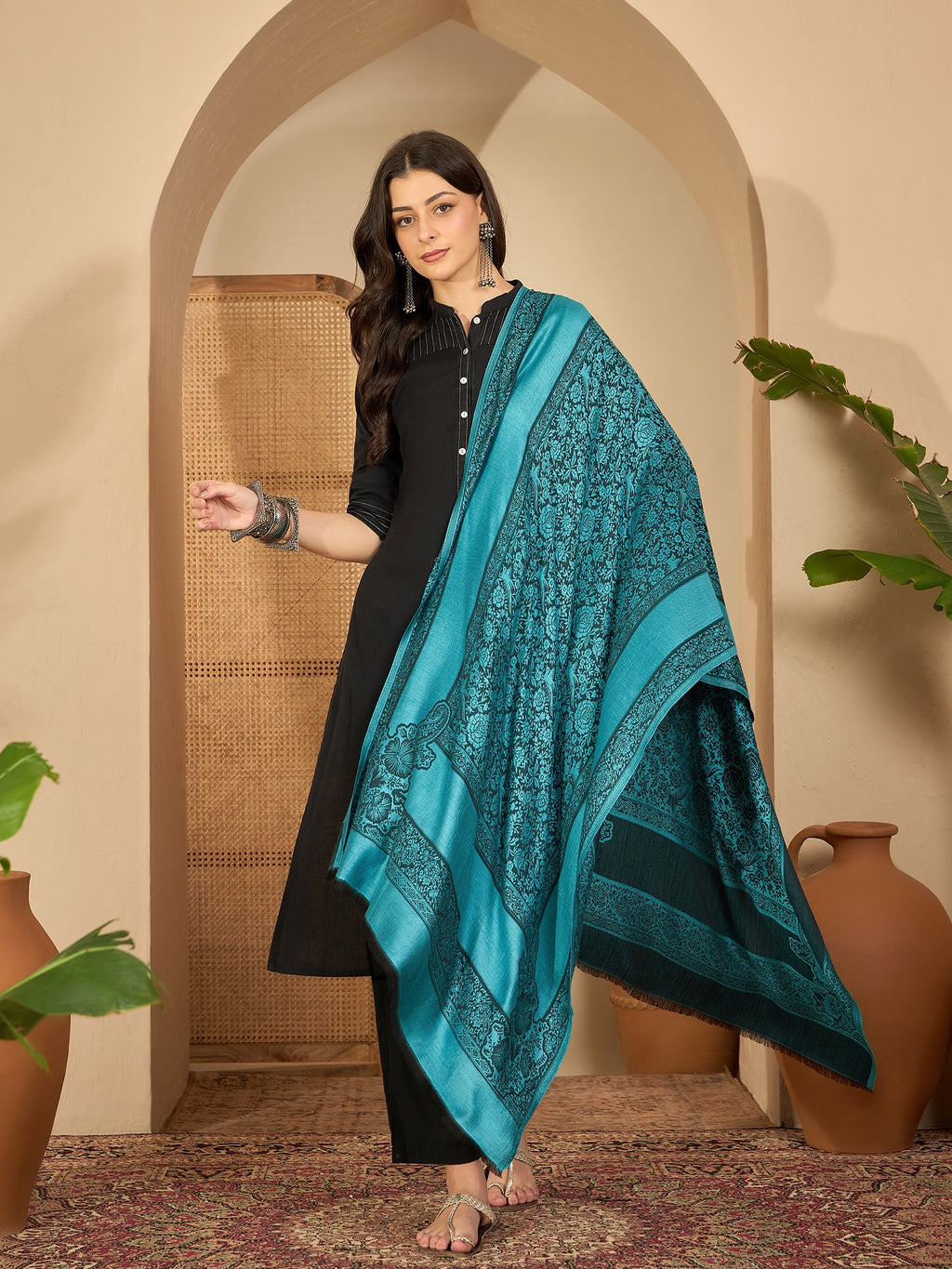 Women Ferozi Black Kashmiri Kaani Weave Stole