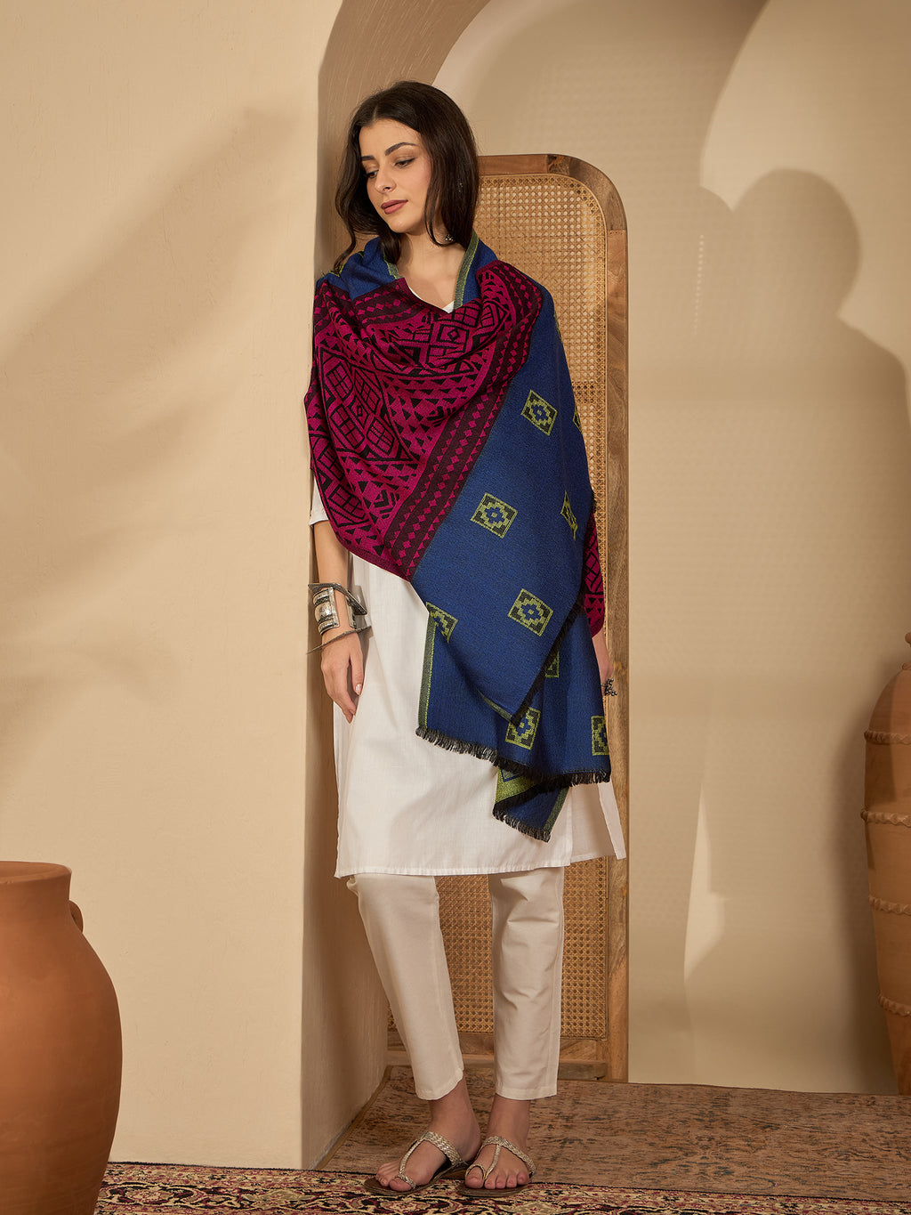 Women Multicolor Geometric Weave Stole