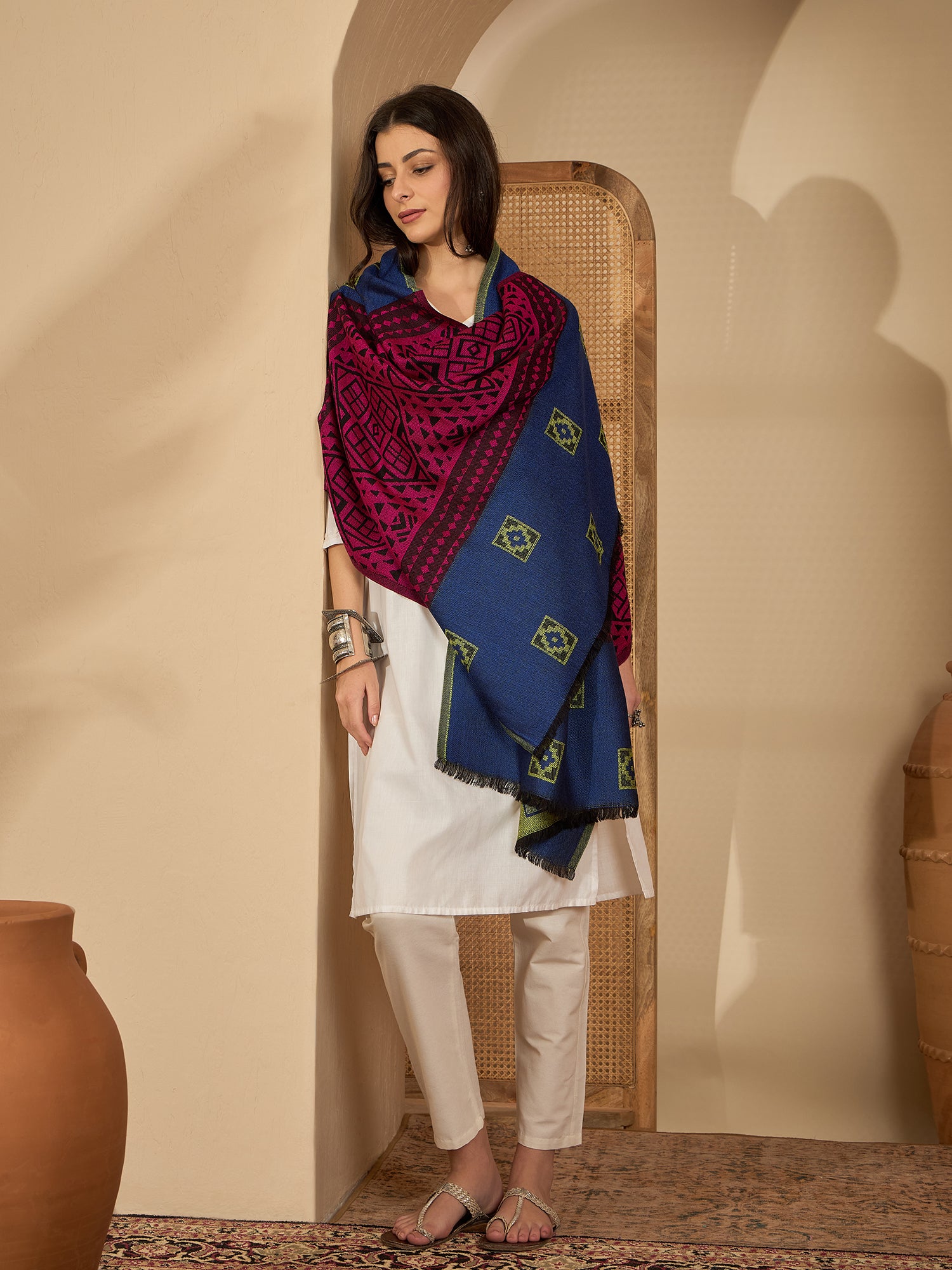 Women Multicolor Geometric Weave Stole