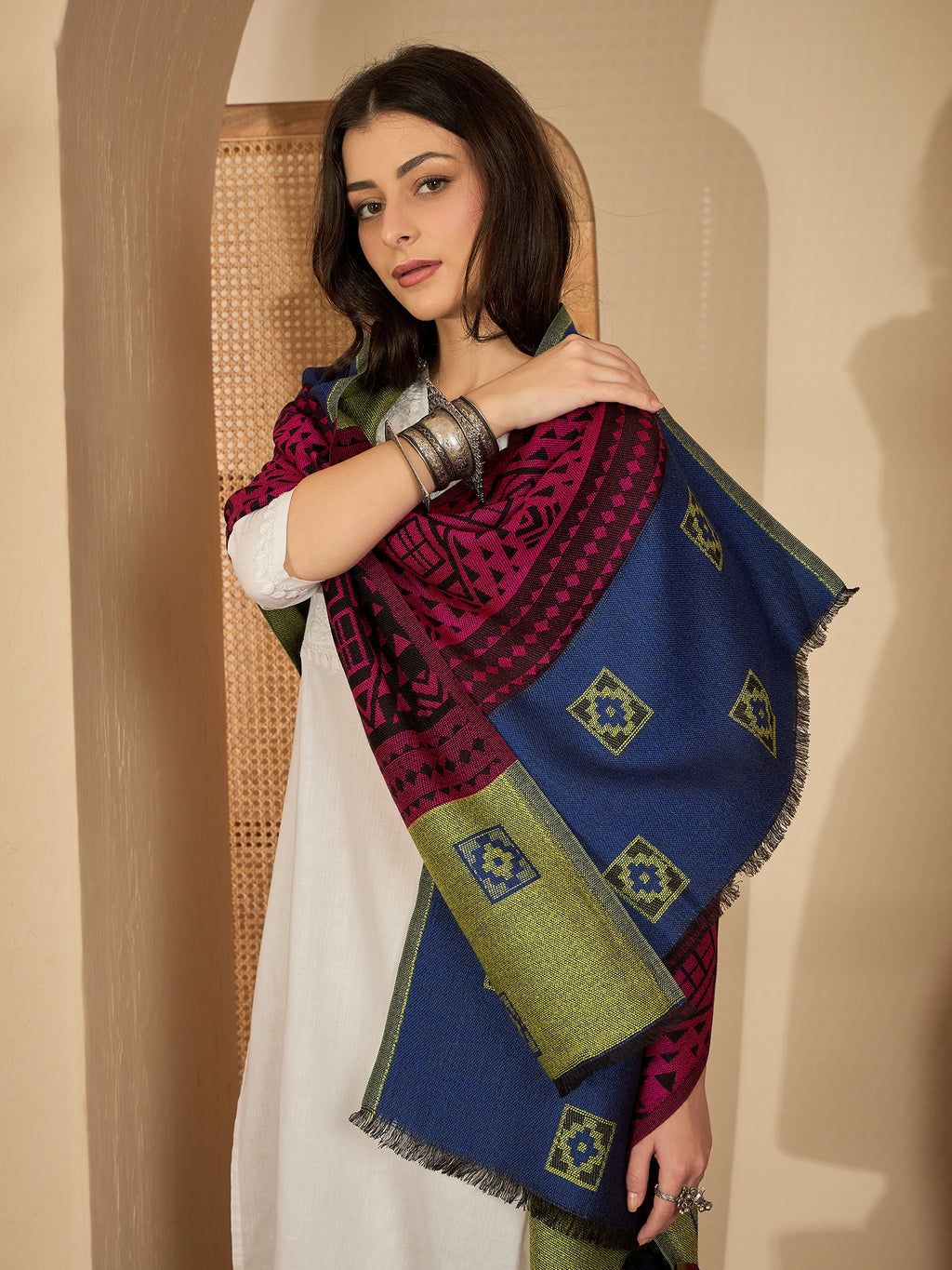 Women Multicolor Geometric Weave Stole