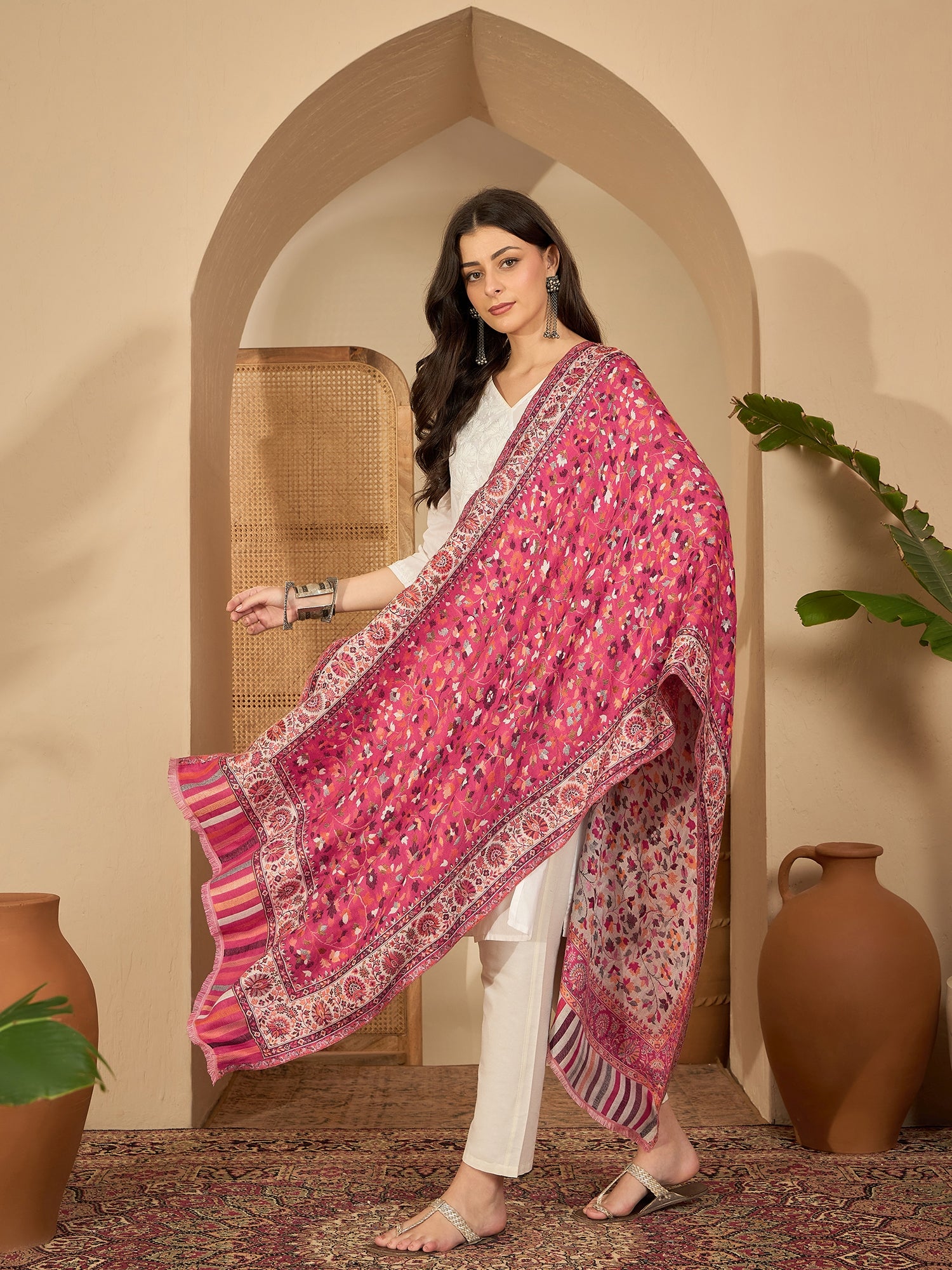 Women Pink White Reversible Kashmiri Kaani Weave Stole