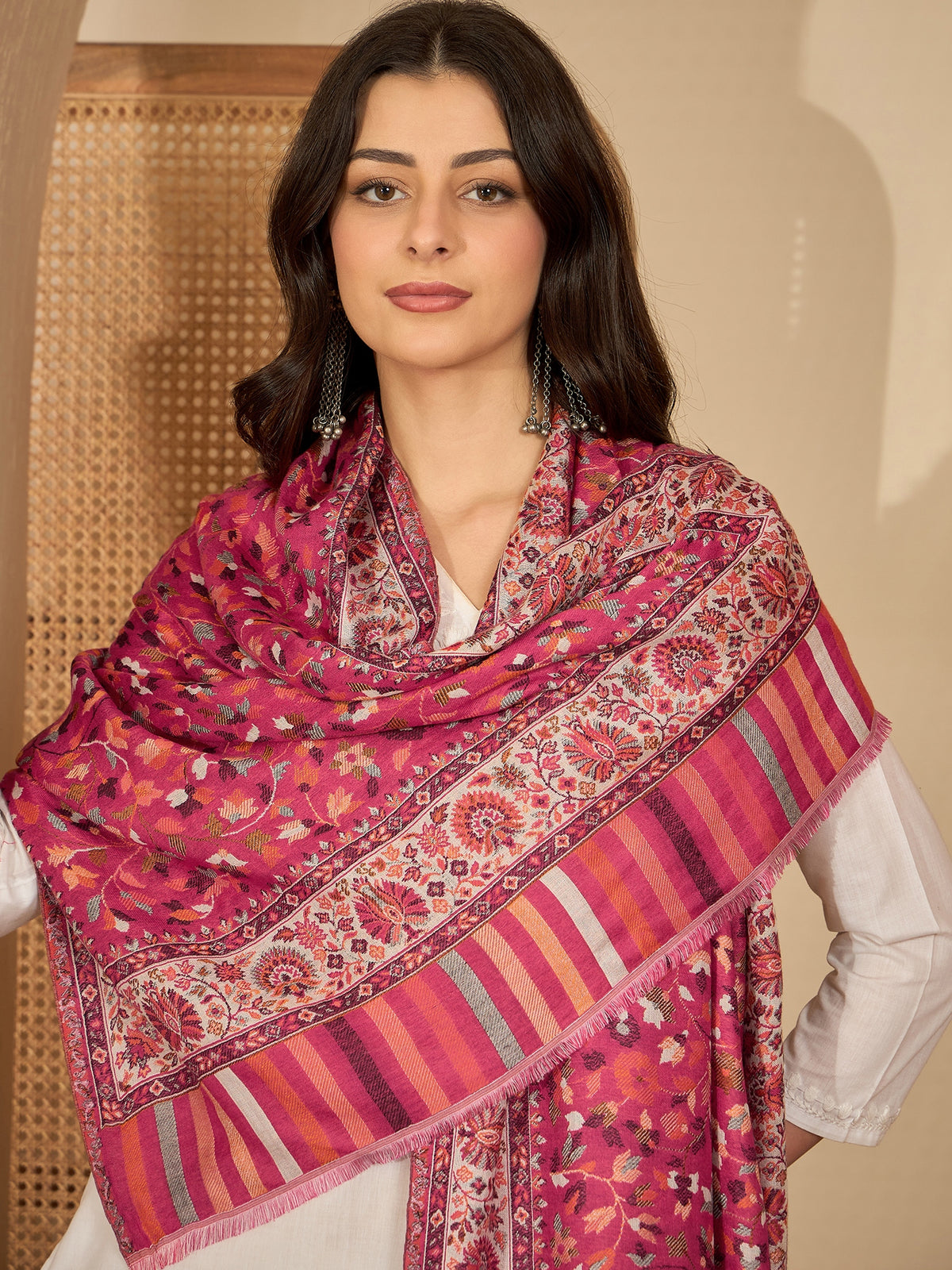 Women Pink White Reversible Kashmiri Kaani Weave Stole