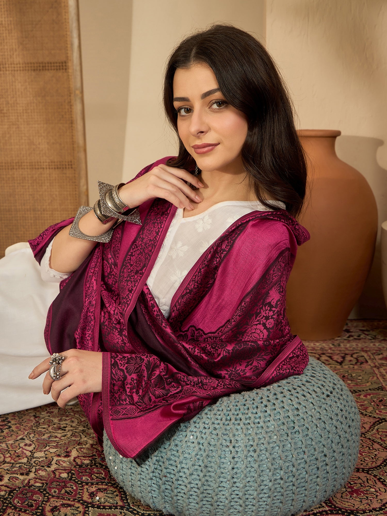Women Pink Black Kashmiri Kaani Weave Stole