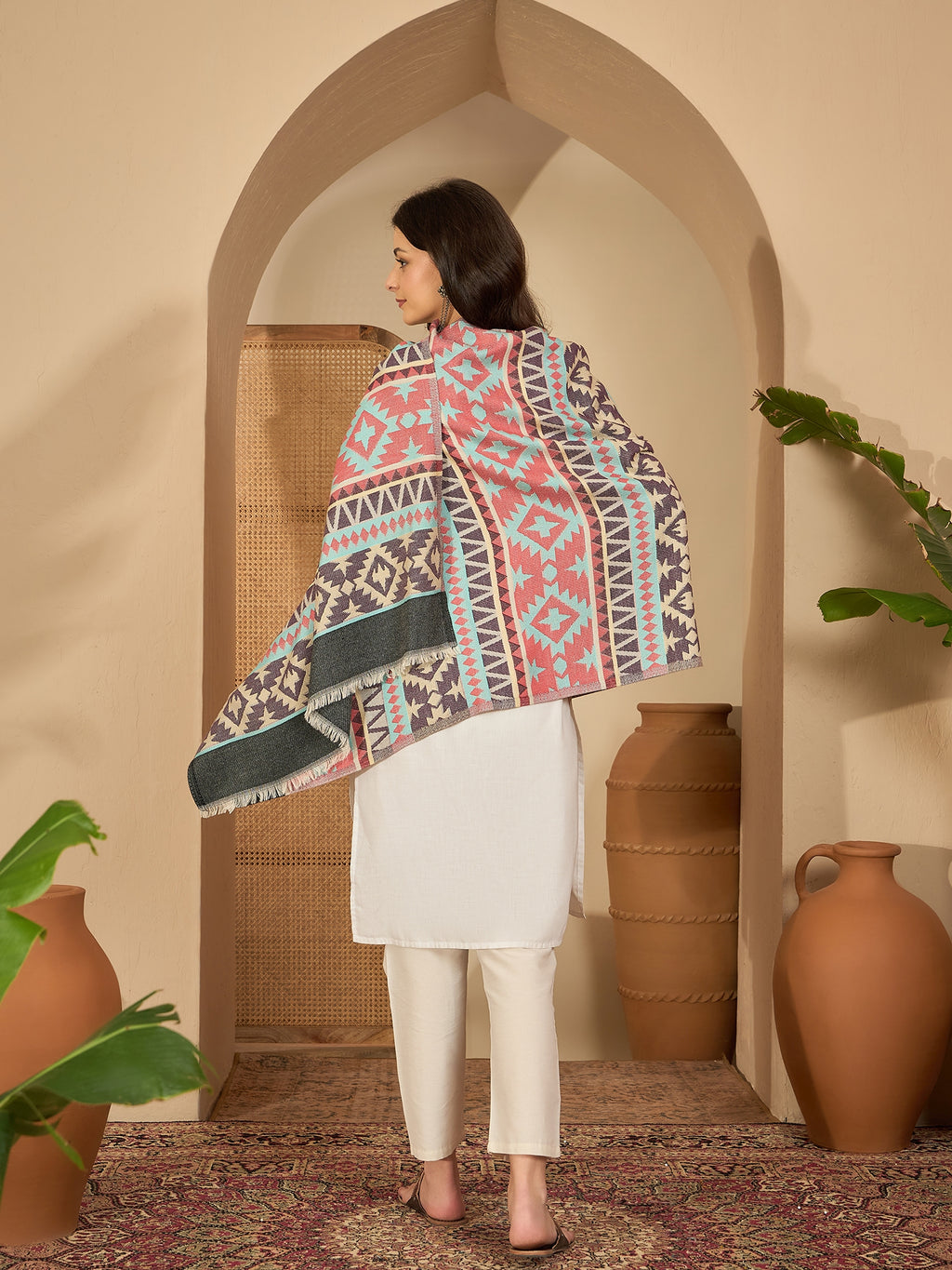 Women Multicoloured Woven Design Geometric Stole