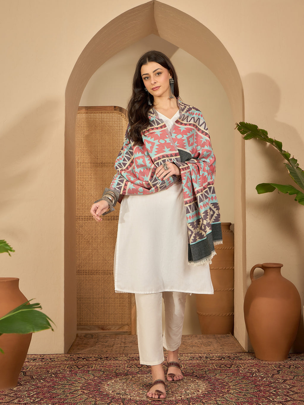 Women Multicoloured Woven Design Geometric Stole