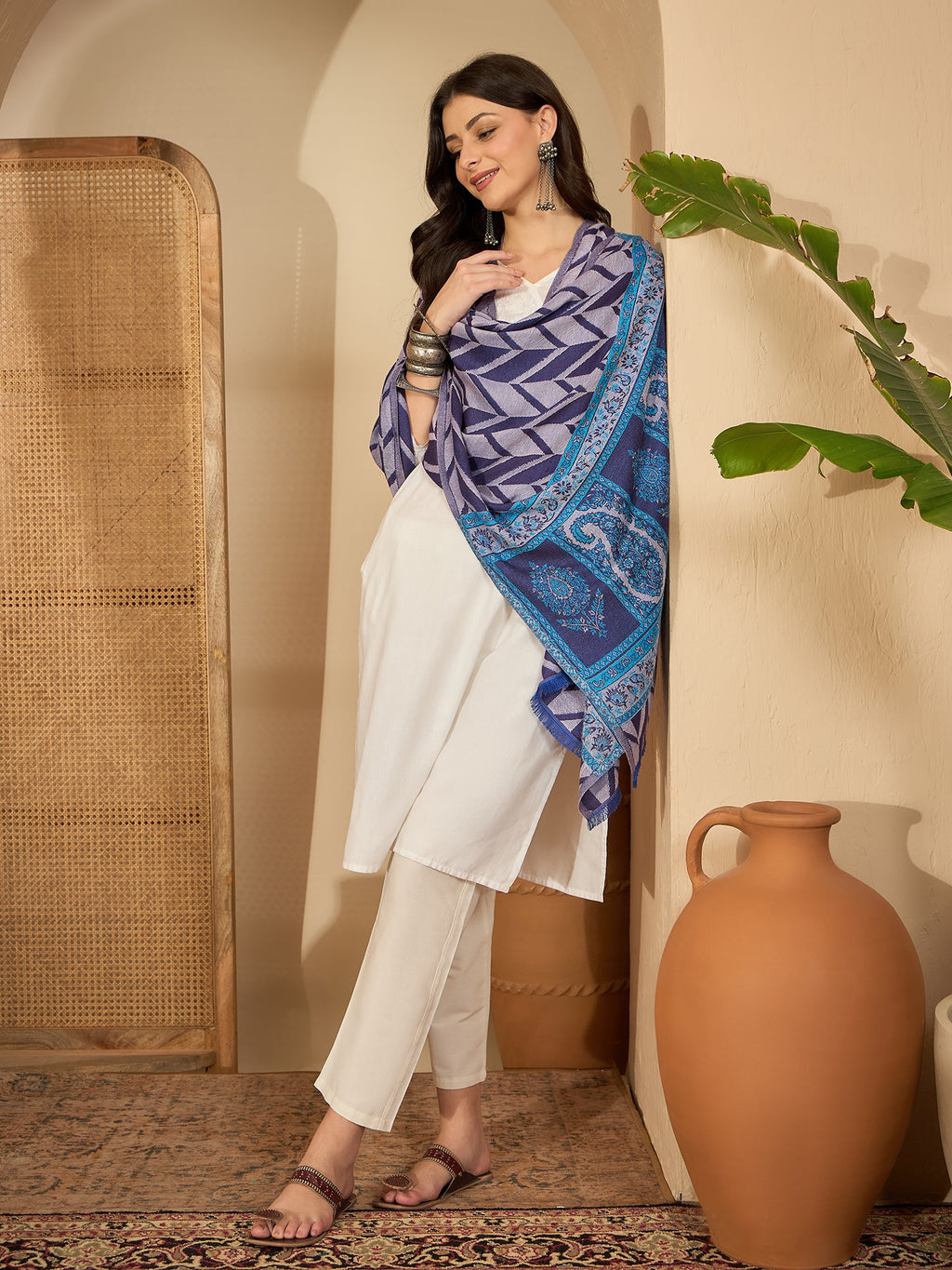 Women Purple Acrylic Kashmiri Kaani Weave Stole