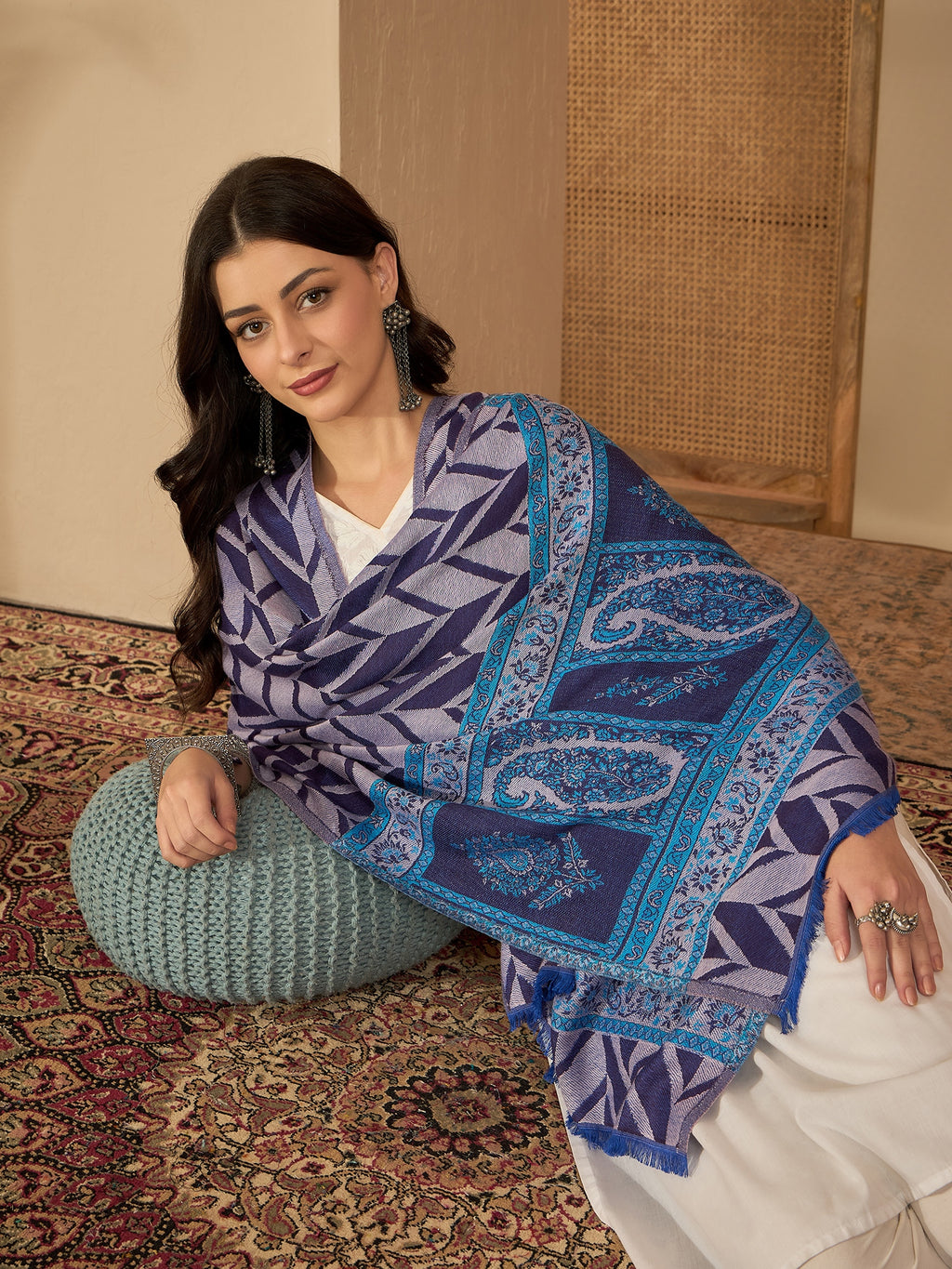 Women Purple Acrylic Kashmiri Kaani Weave Stole