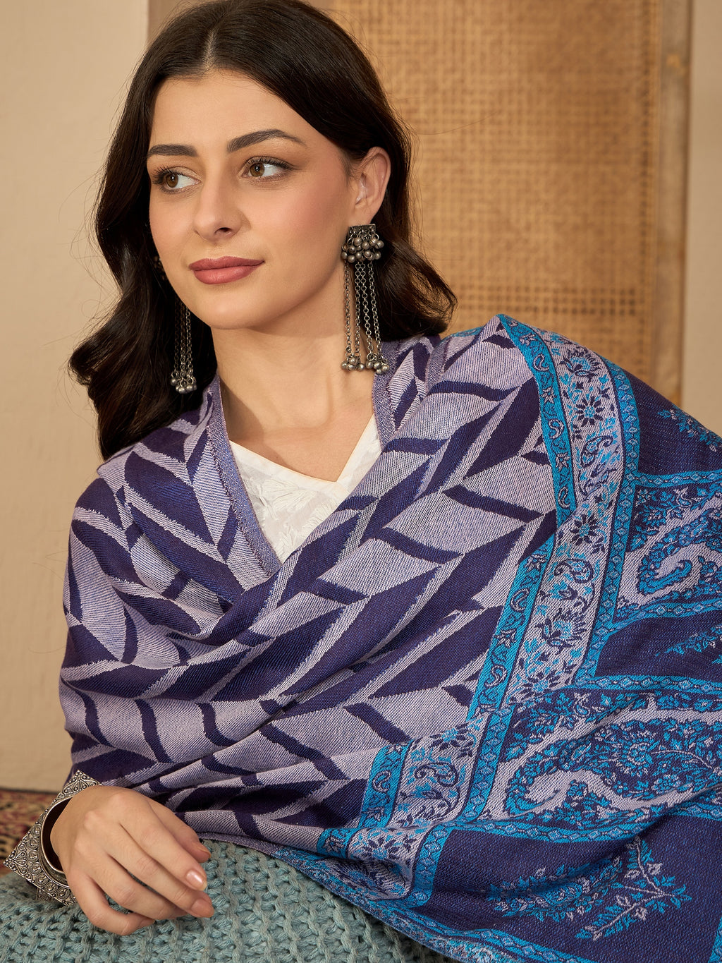 Women Purple Acrylic Kashmiri Kaani Weave Stole