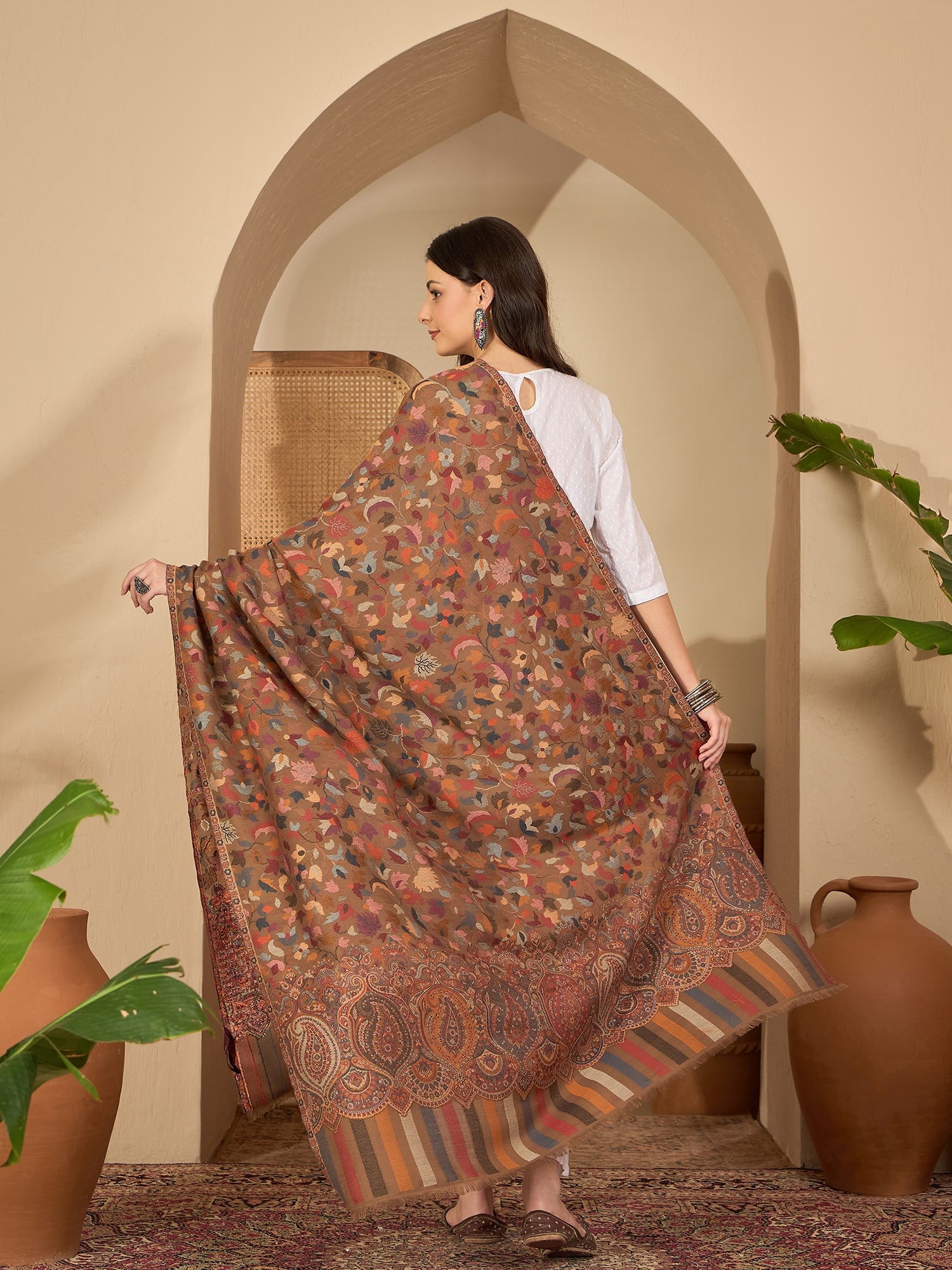 Women Beige Woollen Kashmiri Kaani Weave Shawl
