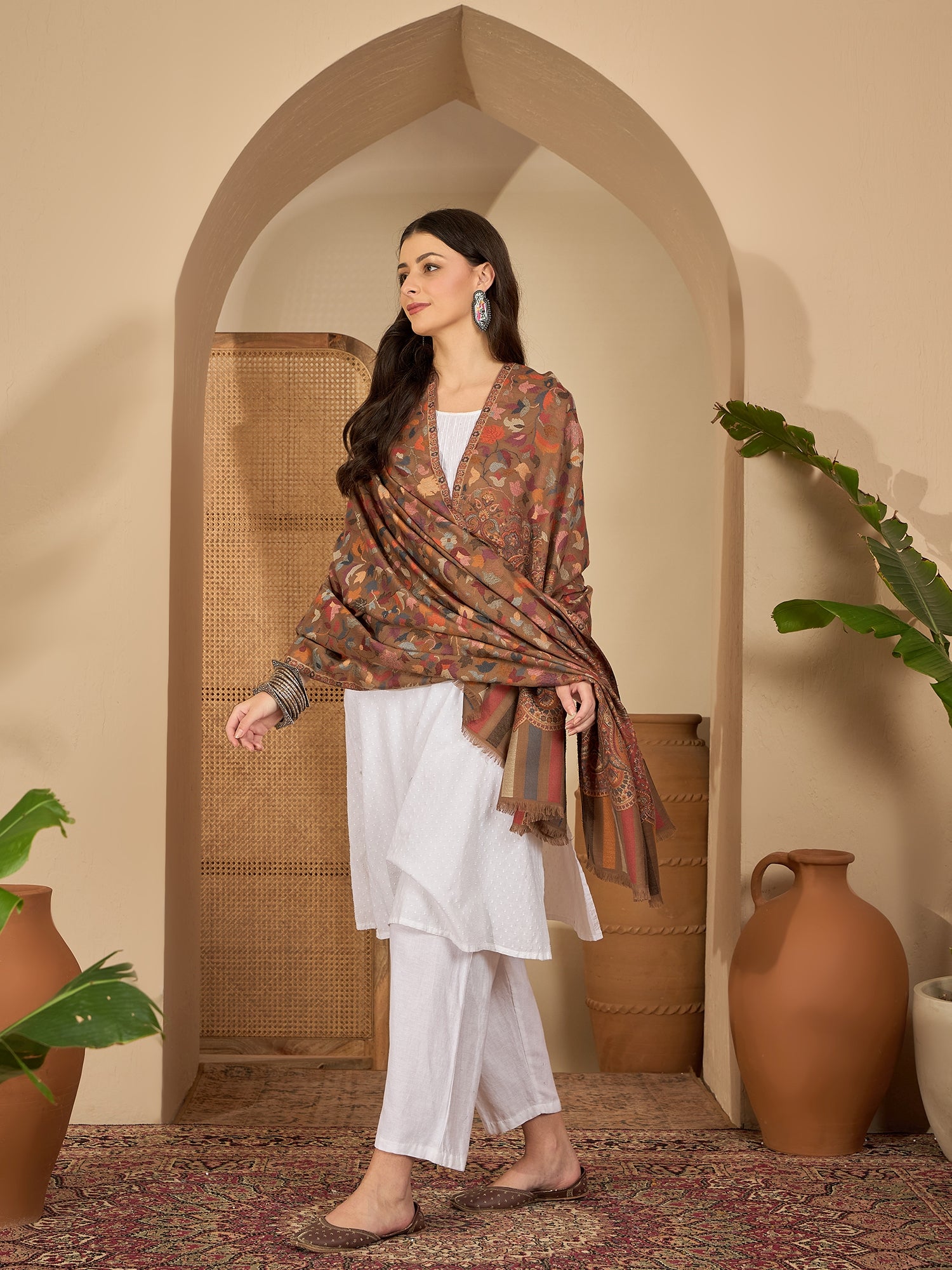 Women Beige Woollen Kashmiri Kaani Weave Shawl