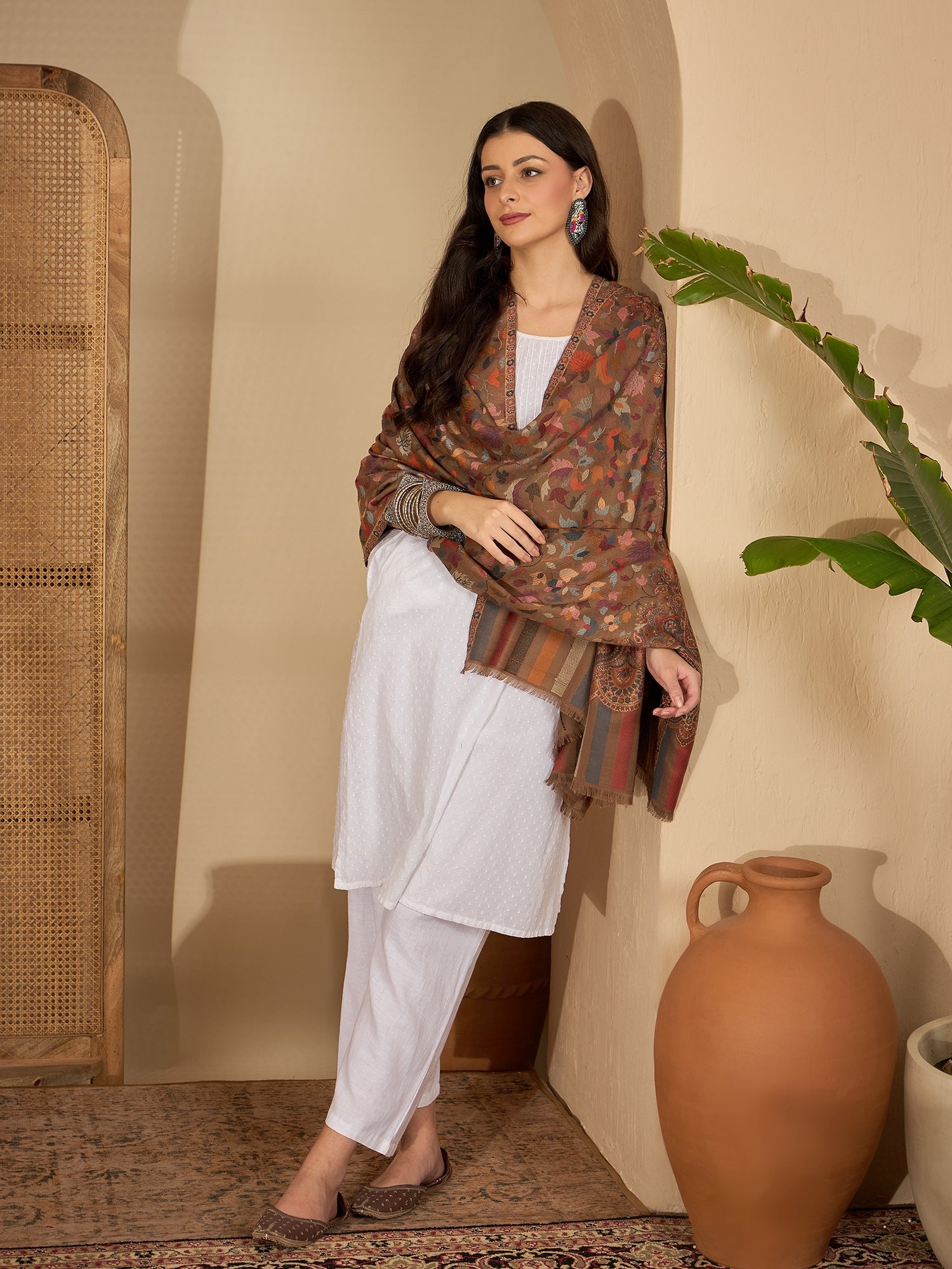 Women Beige Woollen Kashmiri Kaani Weave Shawl