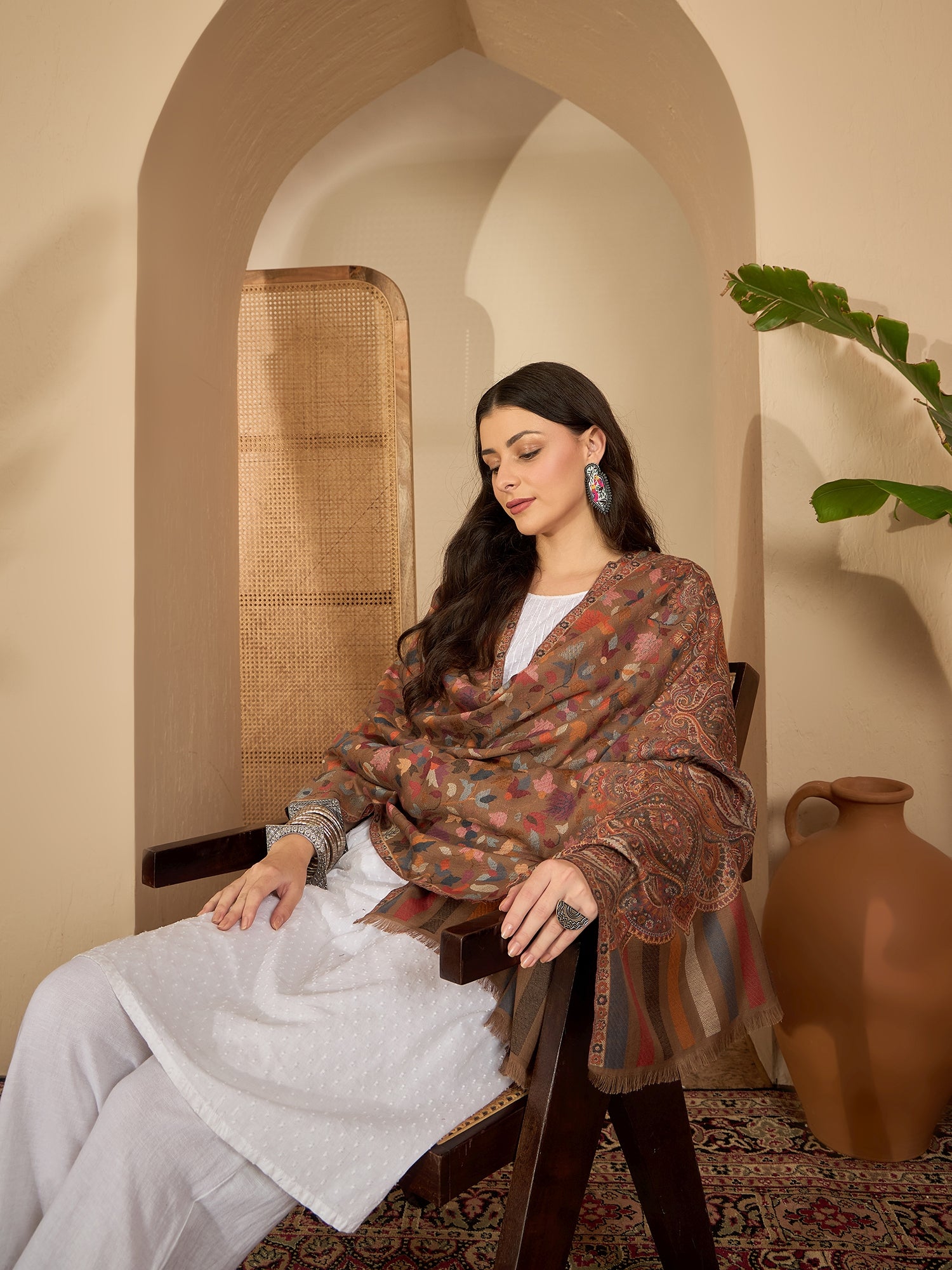 Women Beige Woollen Kashmiri Kaani Weave Shawl