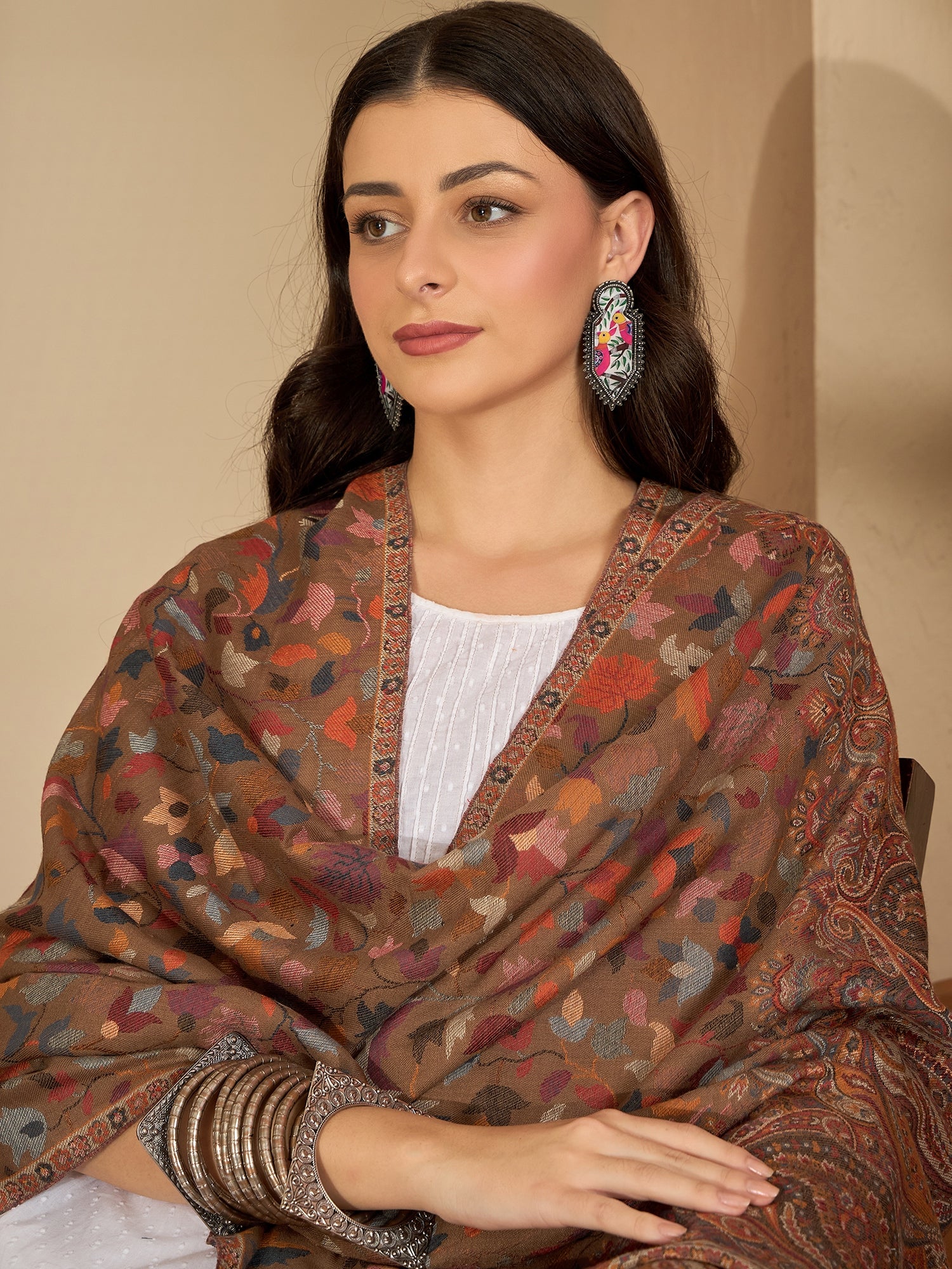 Women Beige Woollen Kashmiri Kaani Weave Shawl