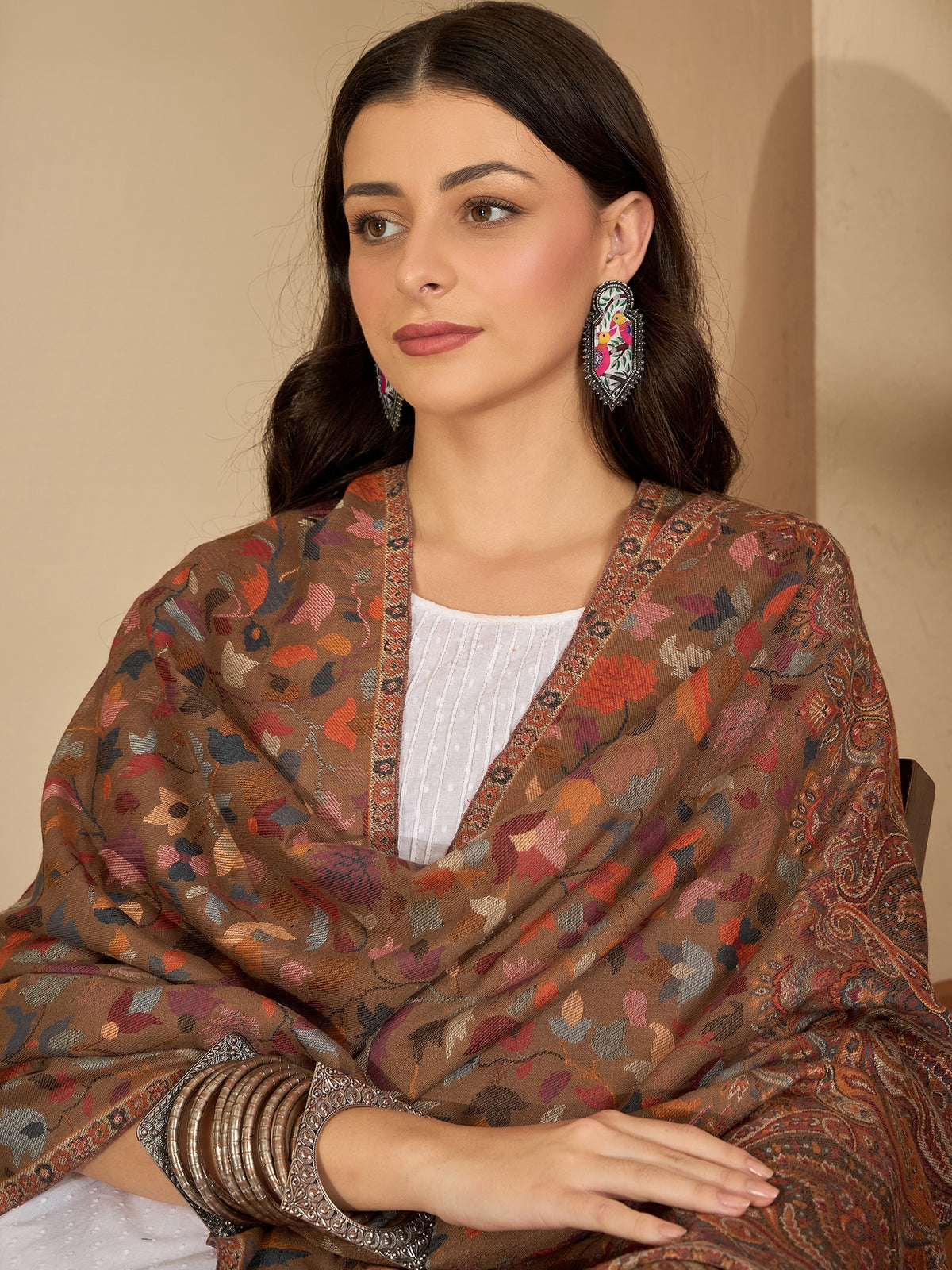 Women Beige Woollen Kashmiri Kaani Weave Shawl