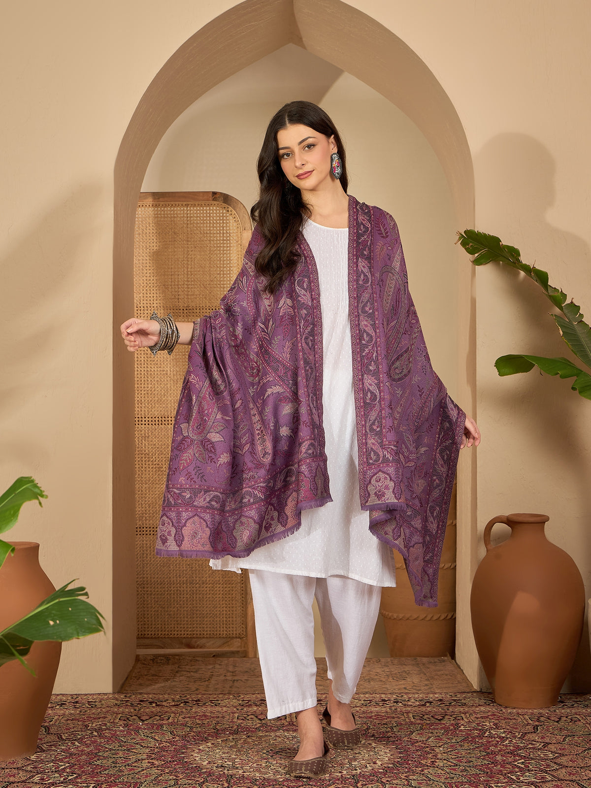 Women Purple Paisley Kashmiri Kaani Weave Stole