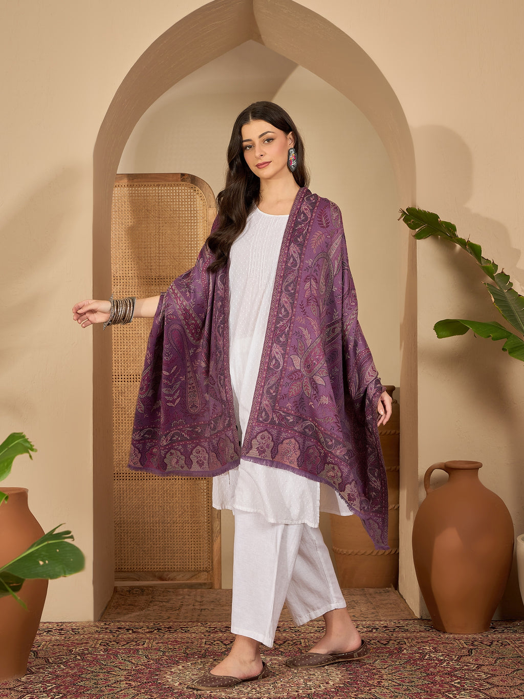 Women Purple Paisley Kashmiri Kaani Weave Stole