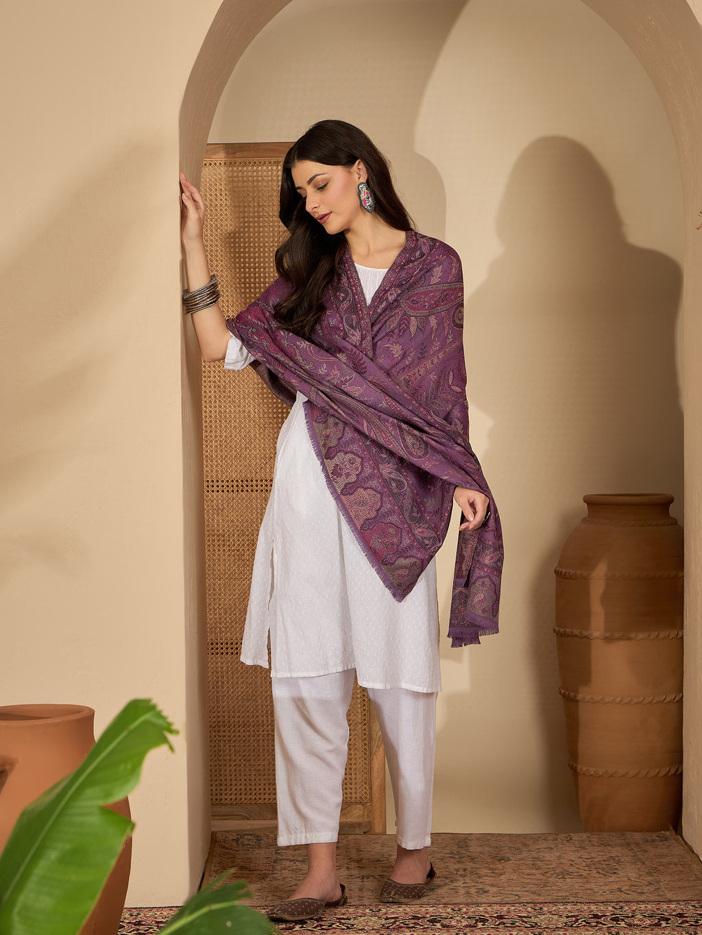 Women Purple Paisley Kashmiri Kaani Weave Stole