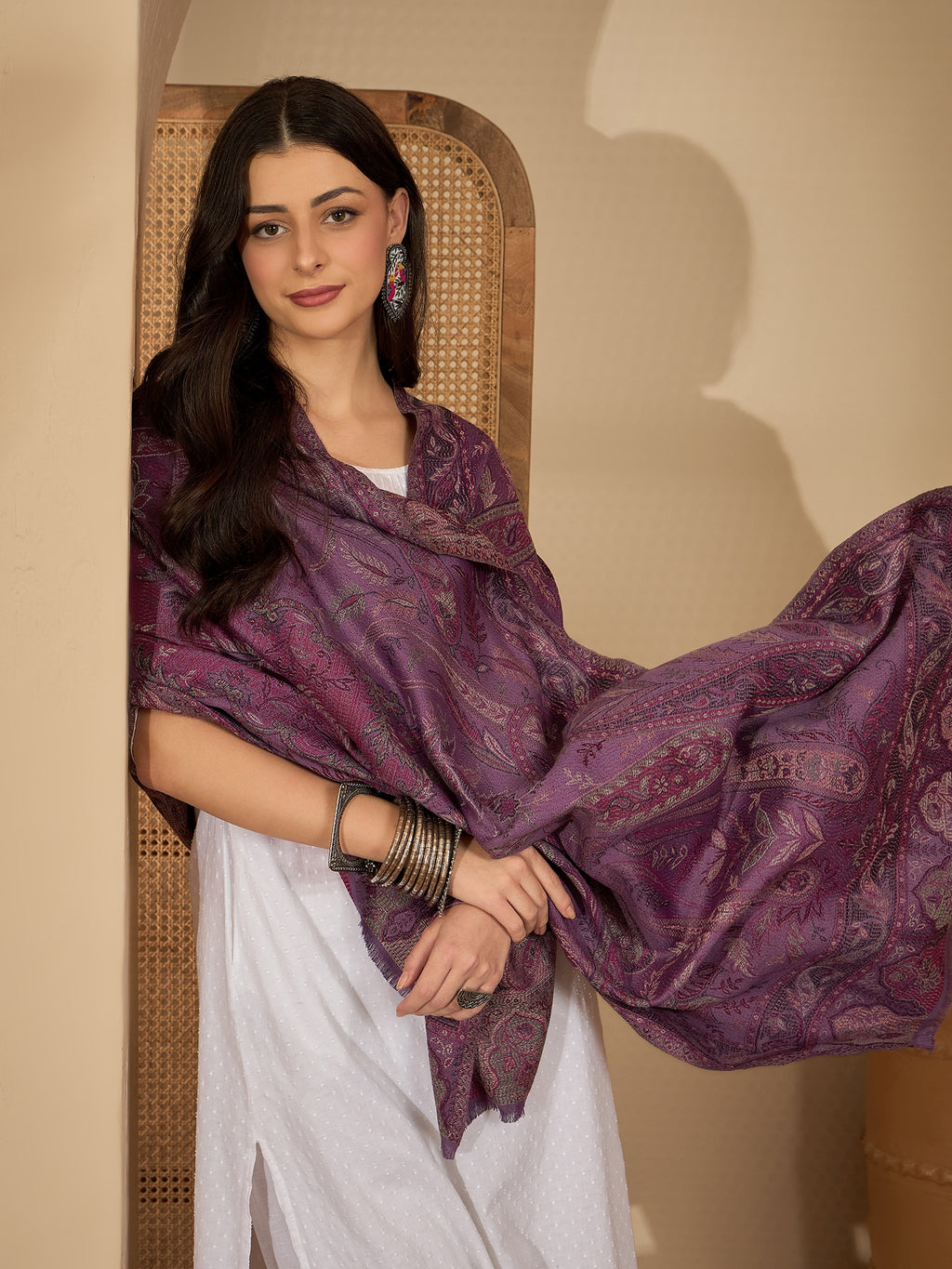 Women Purple Paisley Kashmiri Kaani Weave Stole