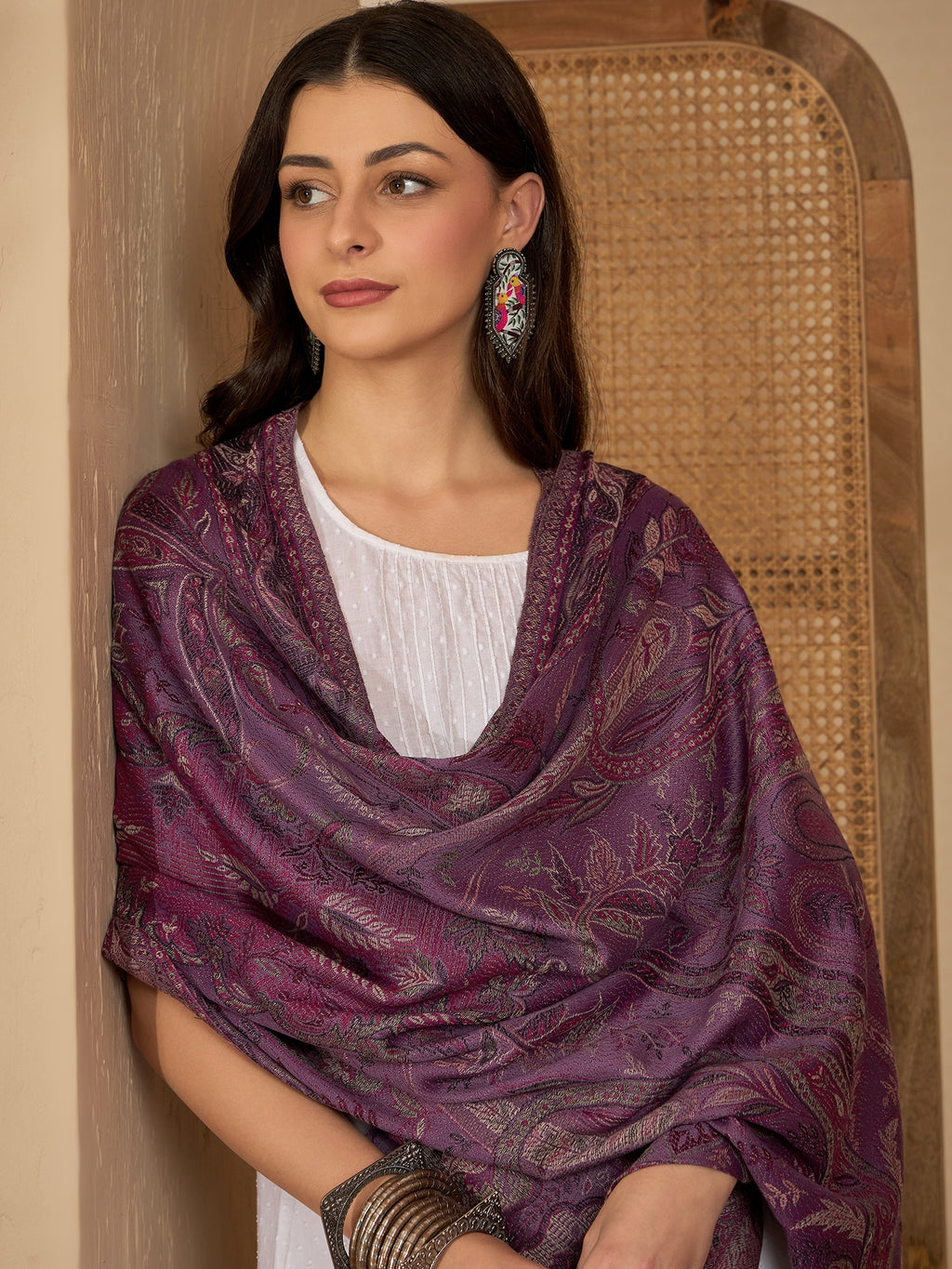 Women Purple Paisley Kashmiri Kaani Weave Stole