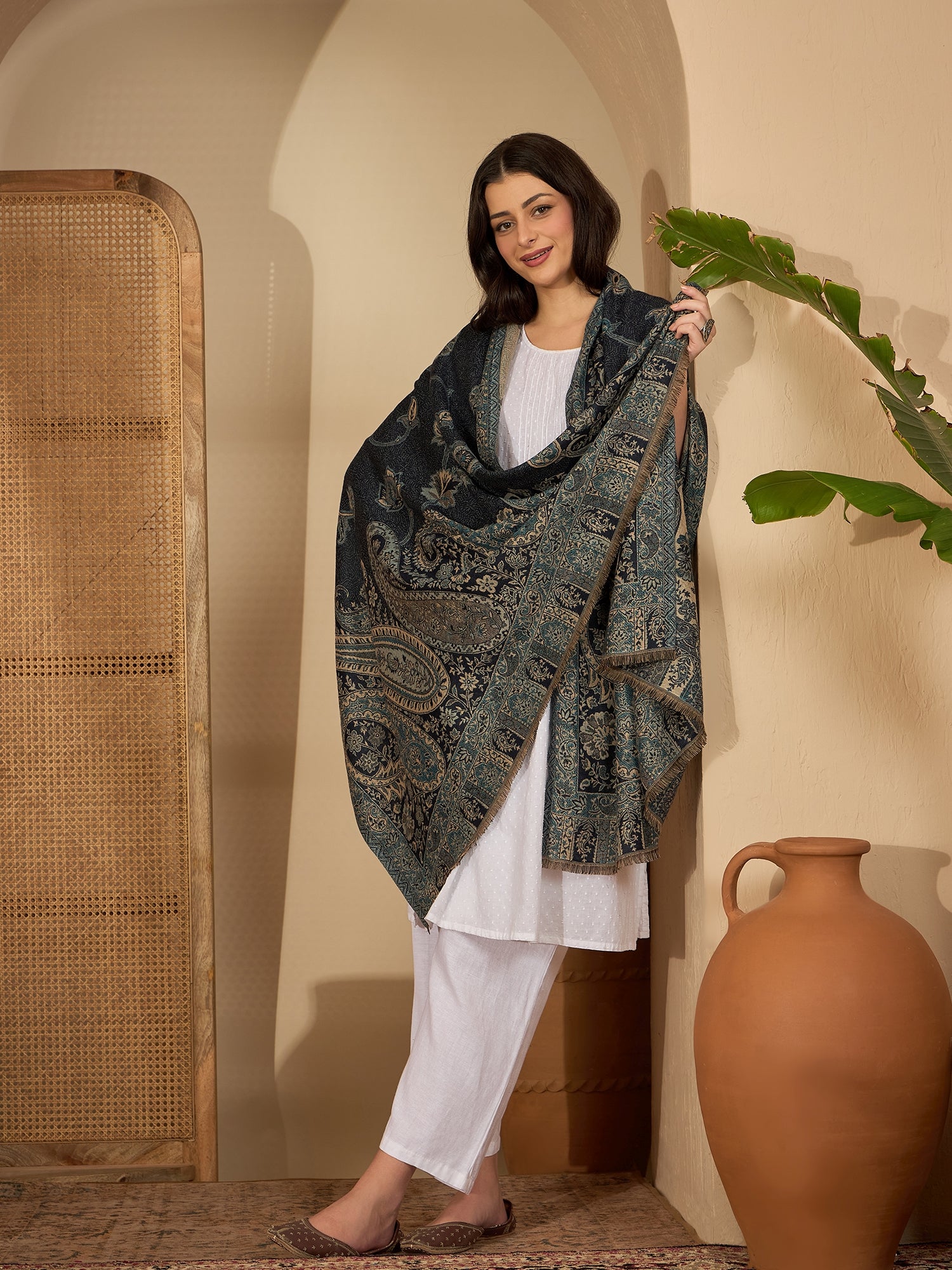 Women Blue Kashmiri Kaani Weave Shawl