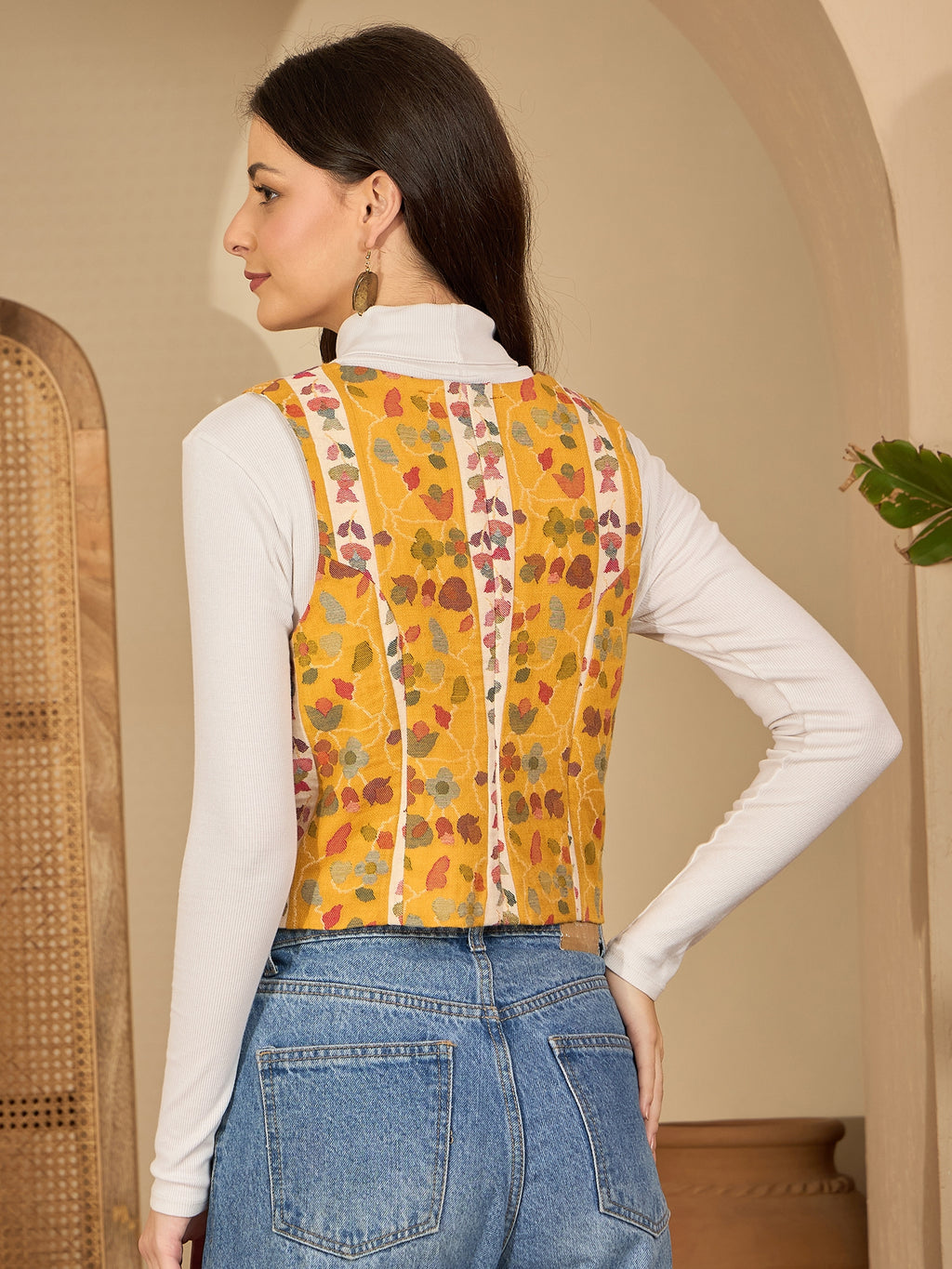 Basant | Women Mustard White Waistcoat