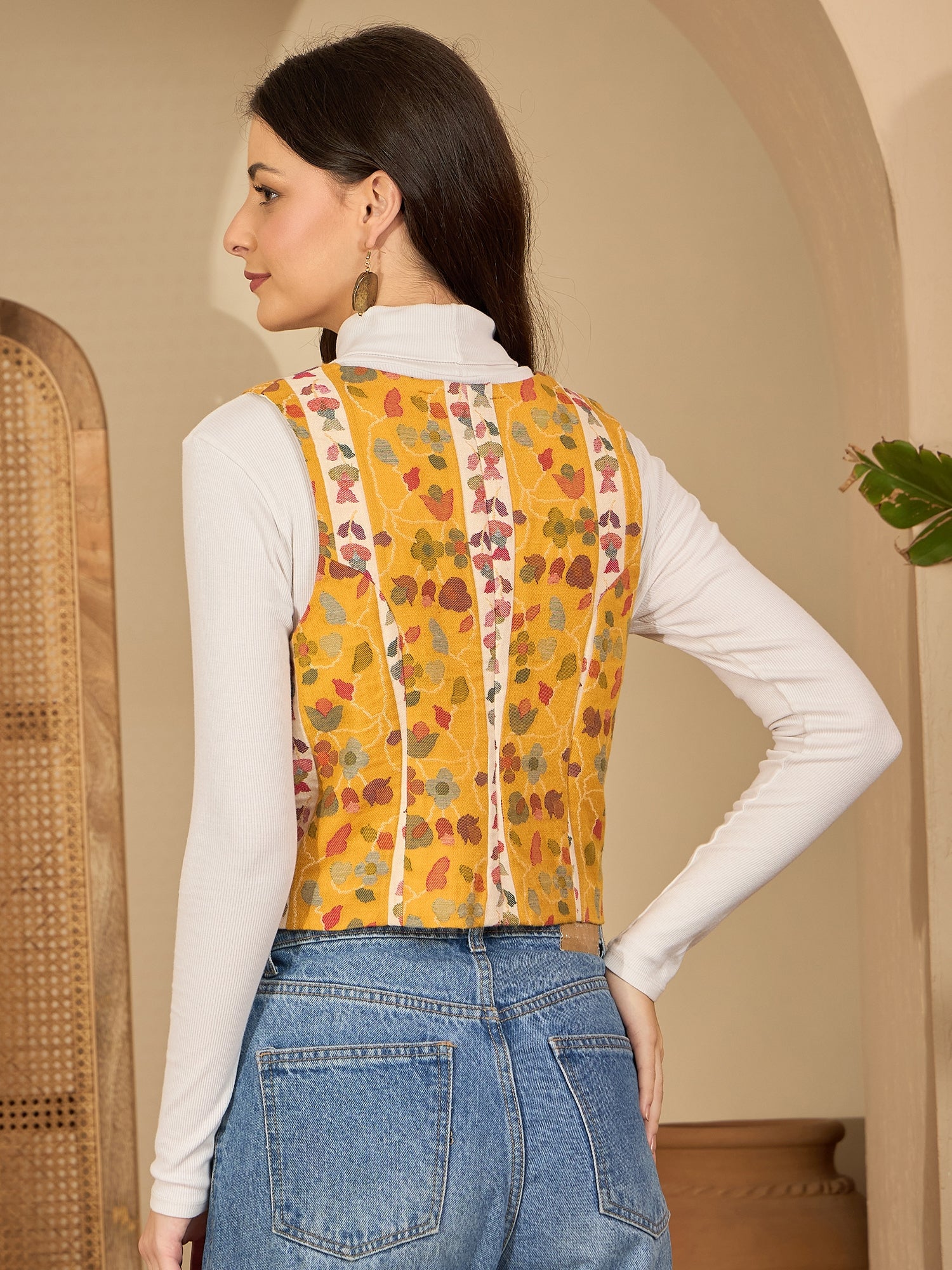 Basant | Women Mustard White Waistcoat