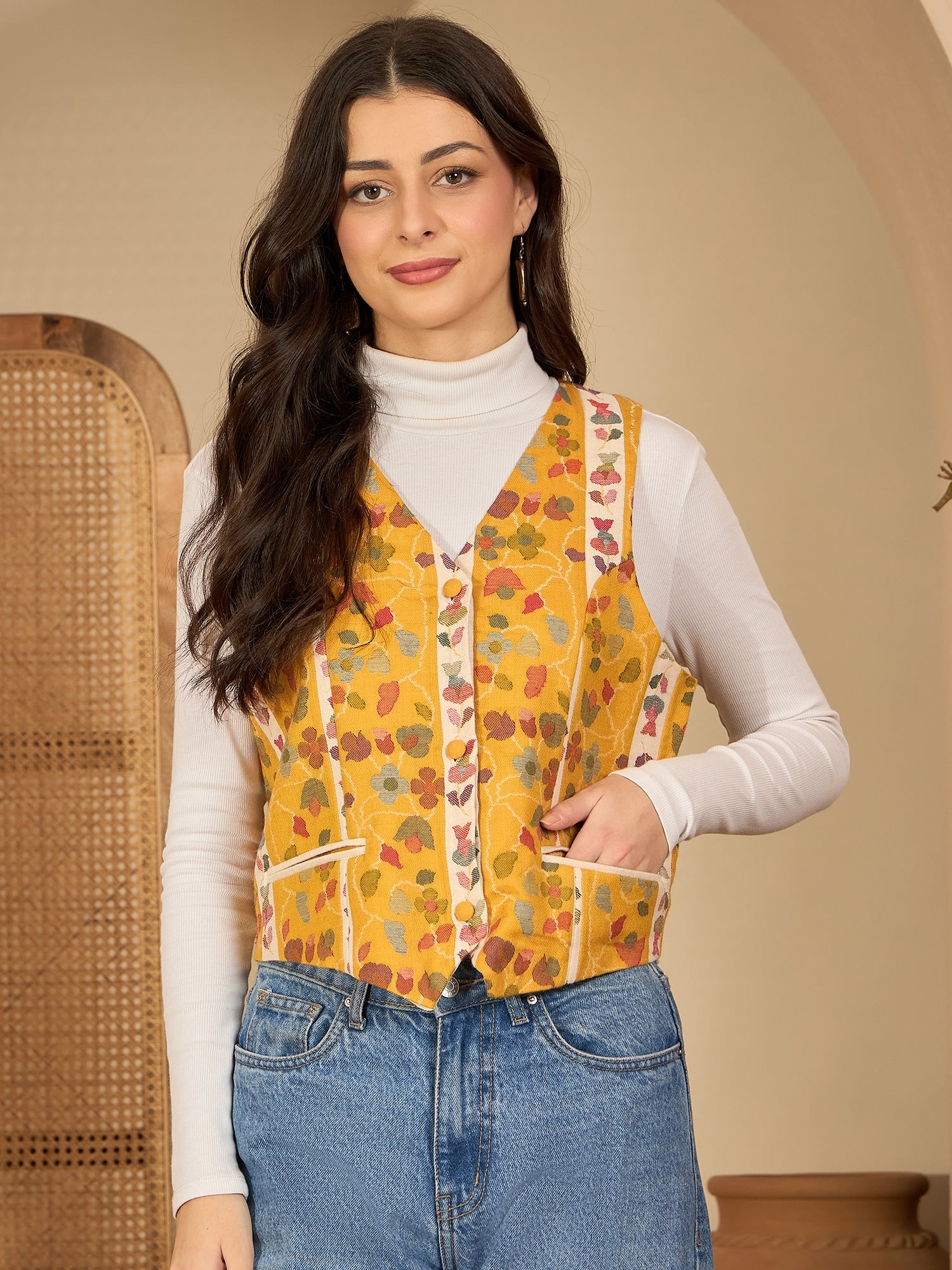 Basant | Women Mustard White Waistcoat