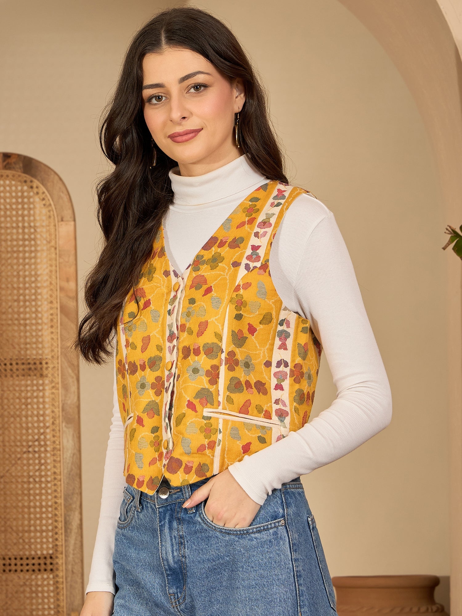 Basant | Women Mustard White Waistcoat