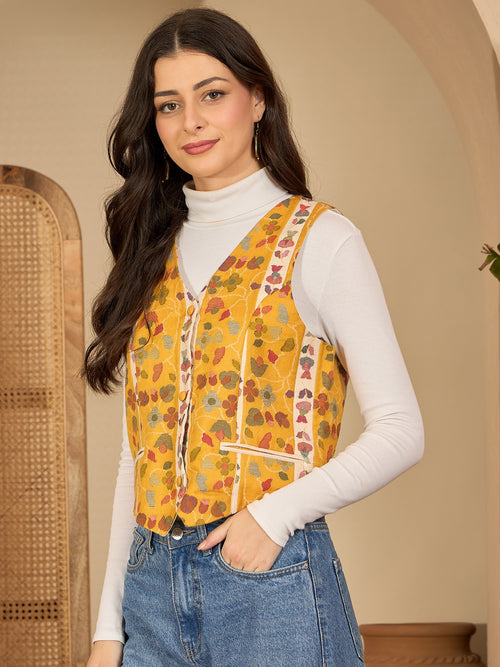 Basant | Women Mustard White Waistcoat