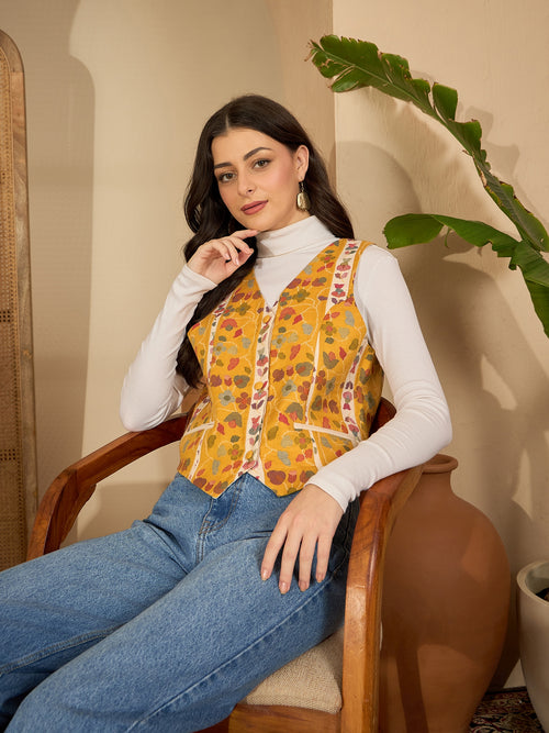 Basant | Women Mustard White Waistcoat