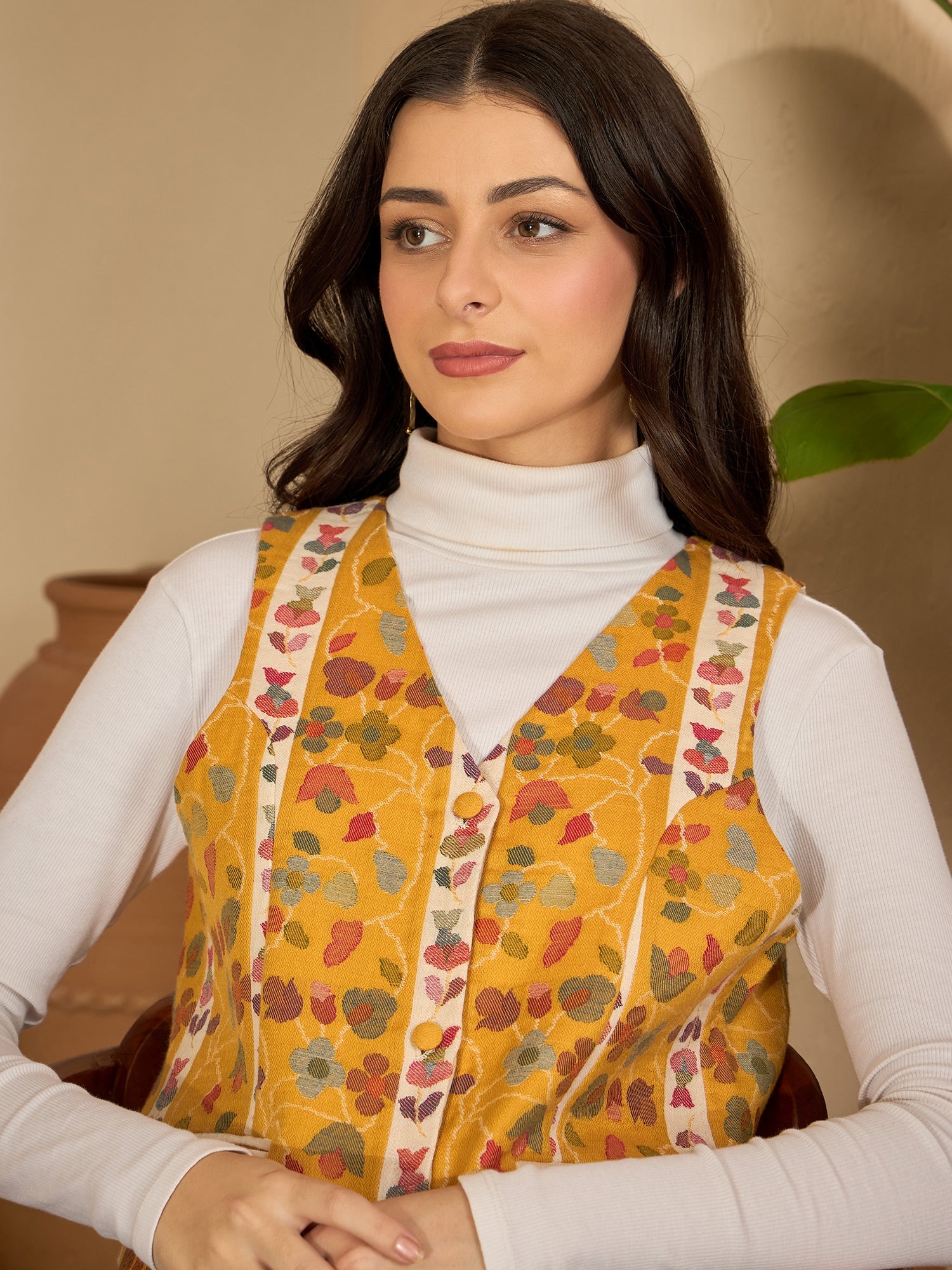 Basant | Women Mustard White Waistcoat