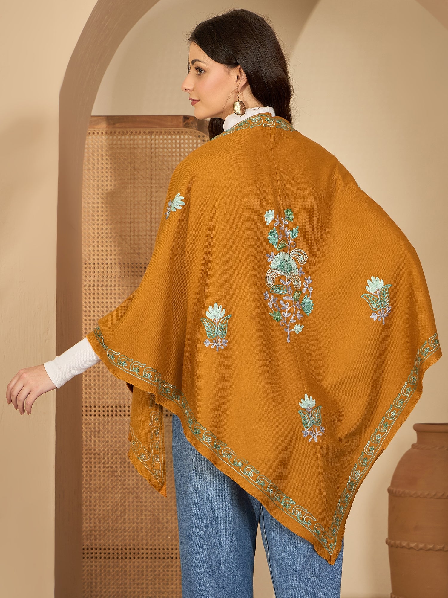 Women Mustard Floral Aari Embroidered Kashmiri Pheran Top