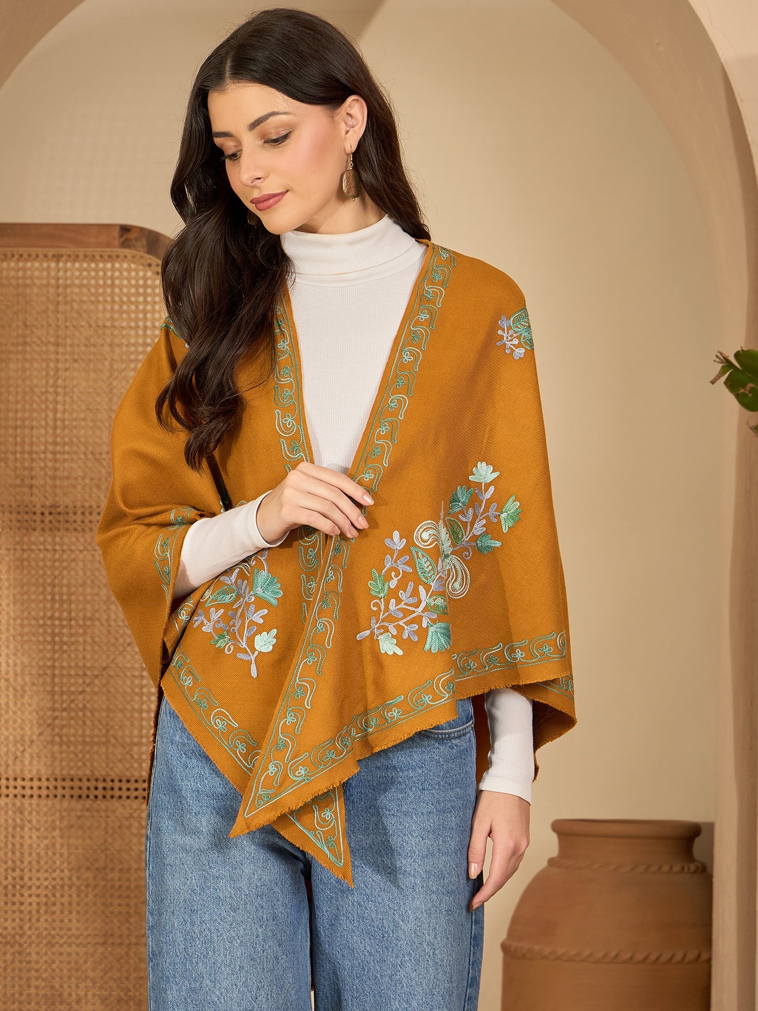Women Mustard Floral Aari Embroidered Kashmiri Pheran Top