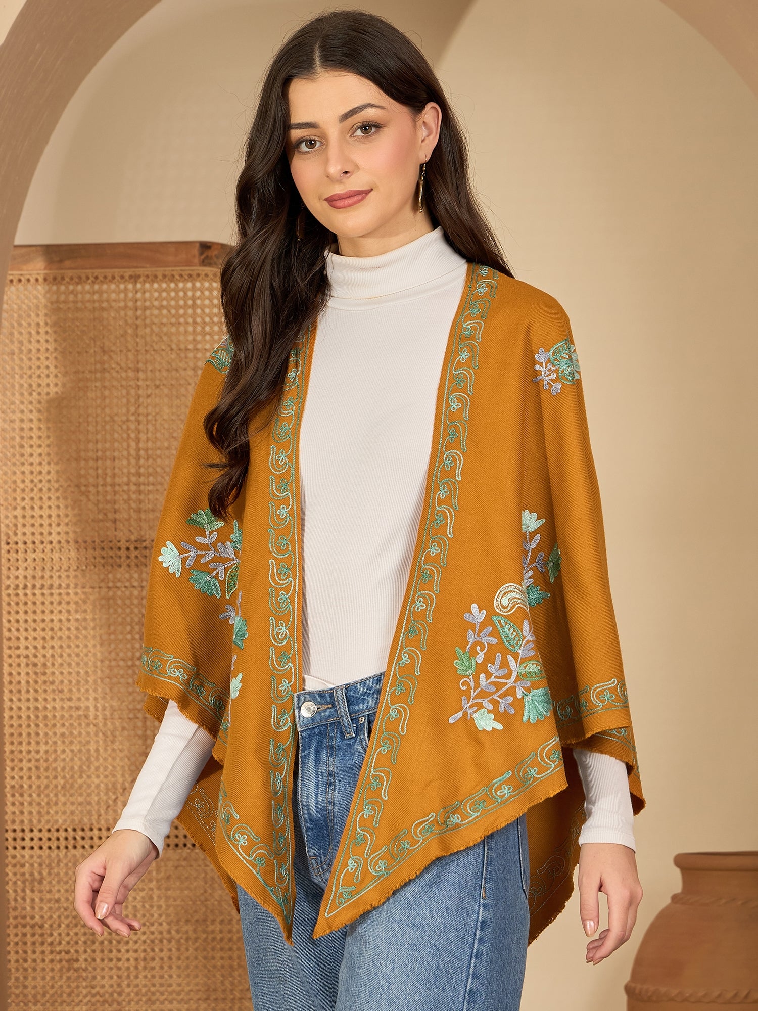 Women Mustard Floral Aari Embroidered Kashmiri Pheran Top