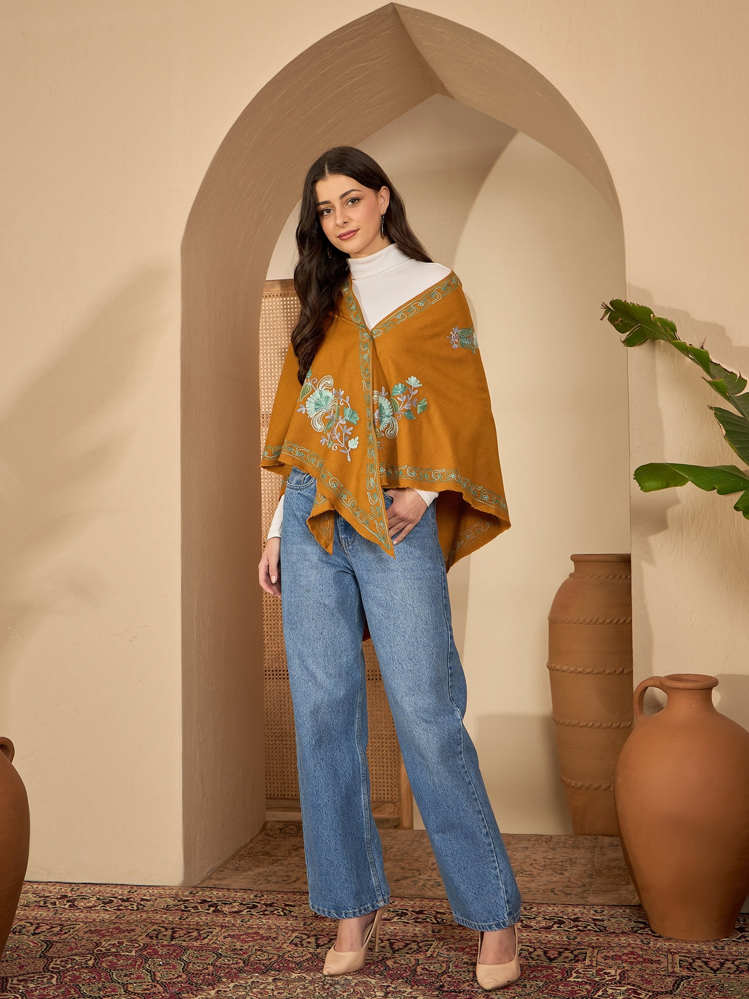 Women Mustard Floral Aari Embroidered Kashmiri Pheran Top