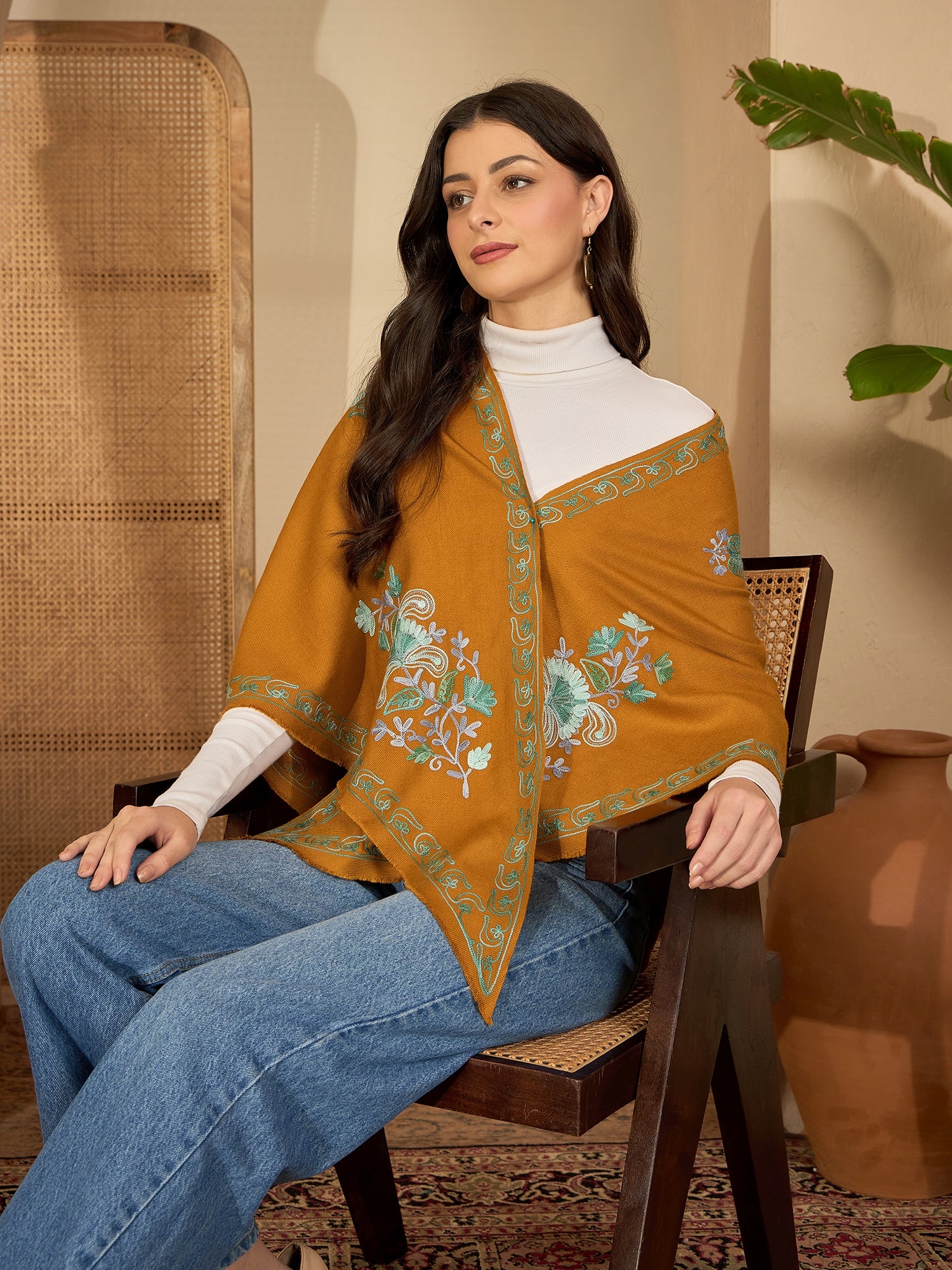 Women Mustard Floral Aari Embroidered Kashmiri Pheran Top
