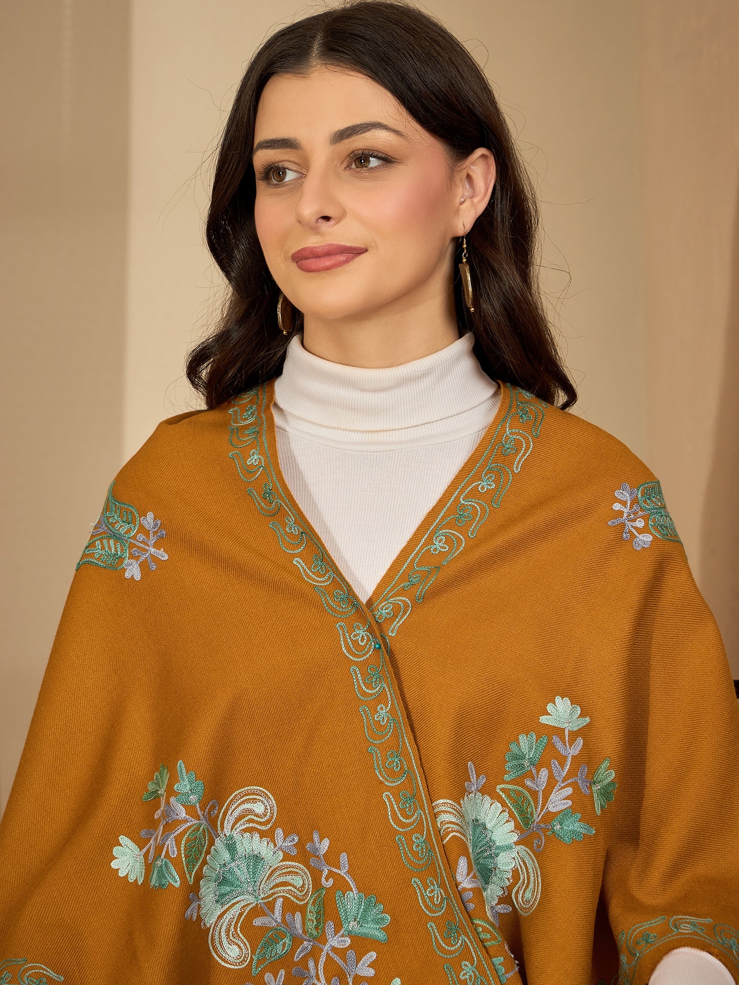 Women Mustard Floral Aari Embroidered Kashmiri Pheran Top