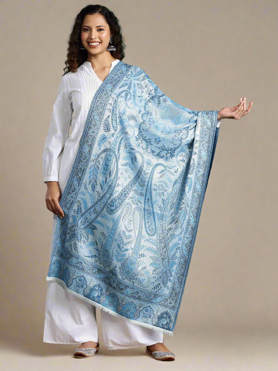 Kusum White and Blue Jamawar Stole