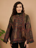 Woman wearing the Shaza Moonlight Kaani Cape Jacket with intricate Kashmiri paisley weave and elegant structured cape silhouette.