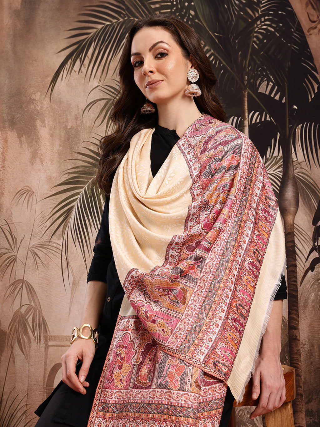 Women Cream Floral Woven Design Stole