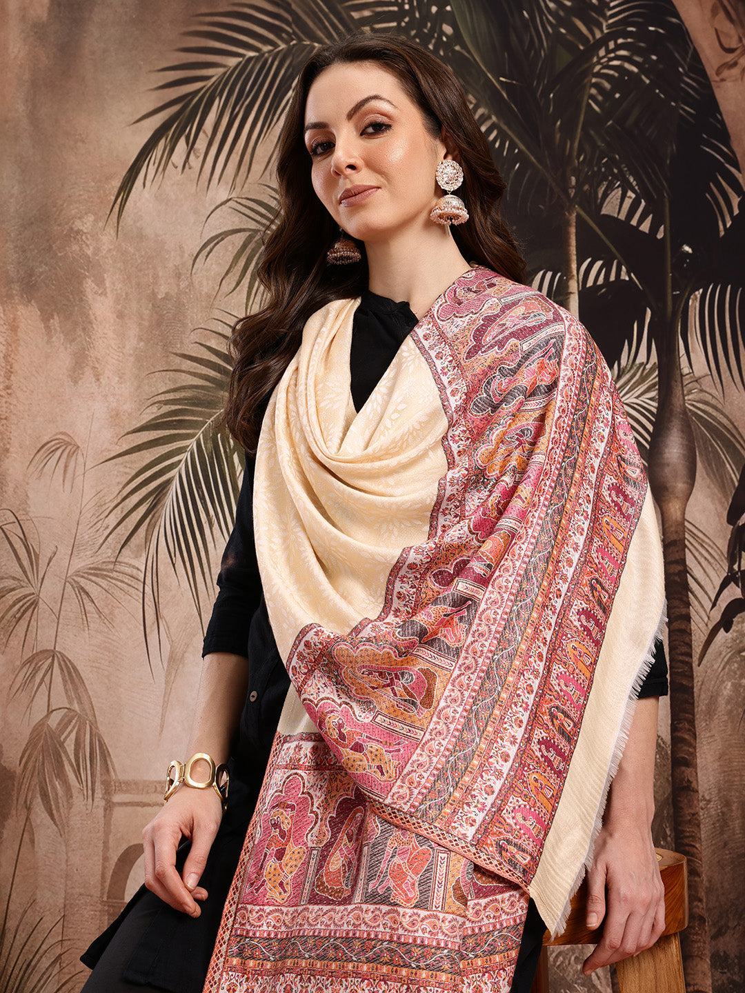 Women Cream Floral Woven Design Stole