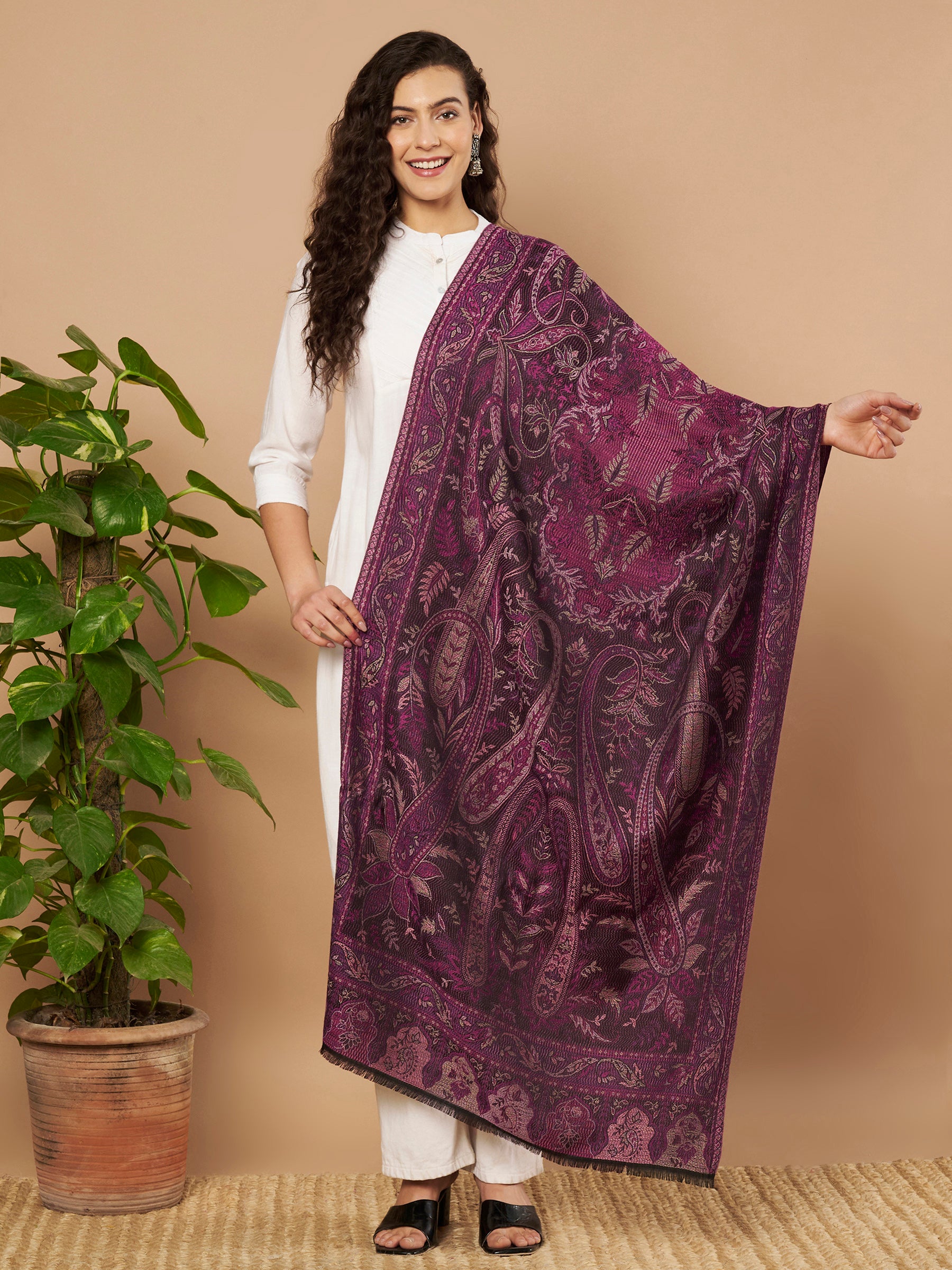 Women Purple Woven Design Stole